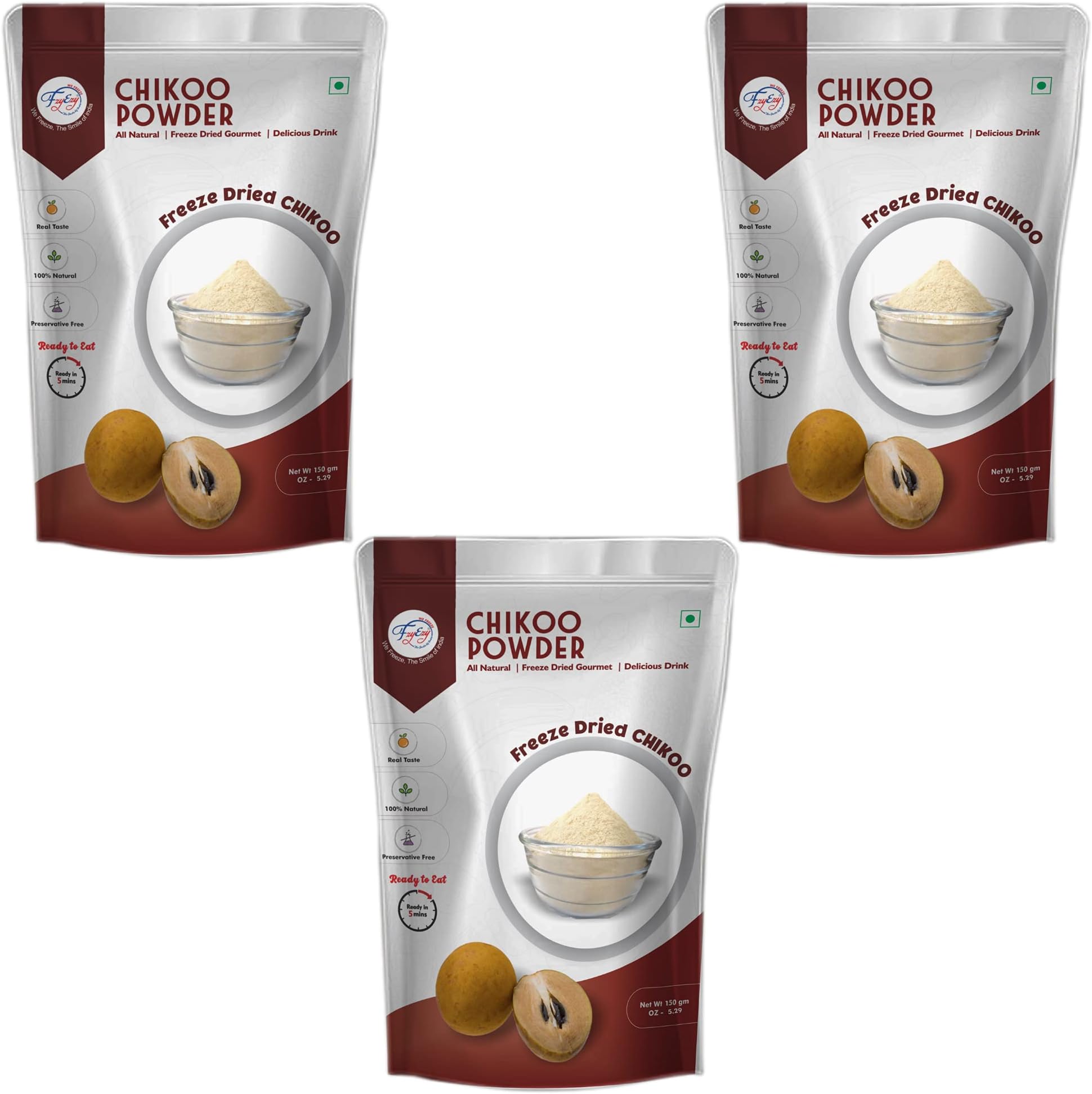 FZYEZY Natural Freeze Dried Chikoo Powder for Kids and Adults|Camping Vegan Snacks Dried Fruit Powder|Survival Food|Freeze-Dried Sapota Powder|Pantry Groceries dehydrated Powder|150 gm Packof3|450 gm