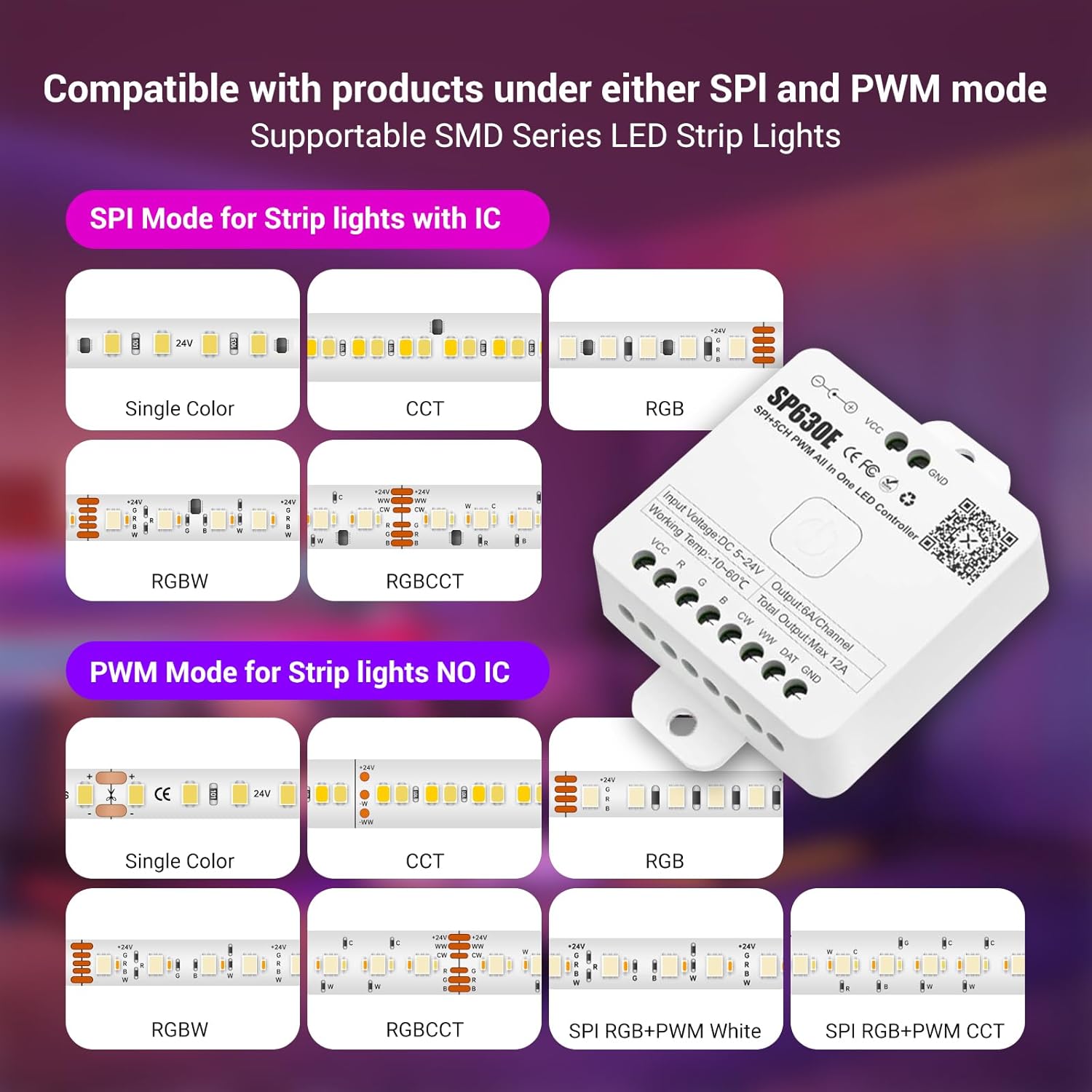 Smart Led RGB Controller Compatible PWM SPI With Input Volage DC5-24v - Wireless Connection Sp630e Led Controller With Music Capture Function For Single Color, Rgb Light,Rgbw, Cct ,Rgbcct Led Strips