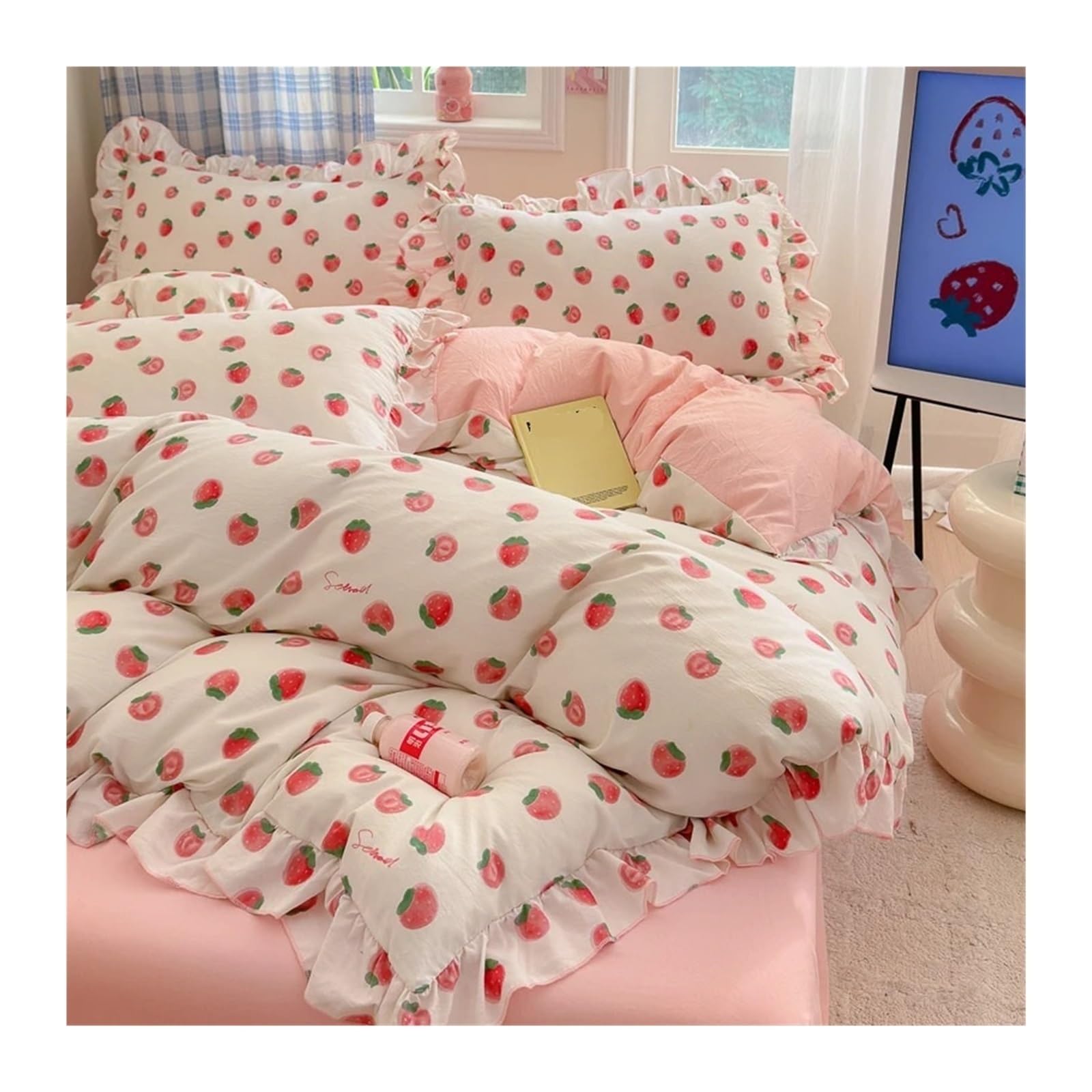 ZHSOAO 4pcs Lace Duvet Cover Set Fresh Flower Print Bedding Wedding for Bed(Pink,180x210cm 4pcs)