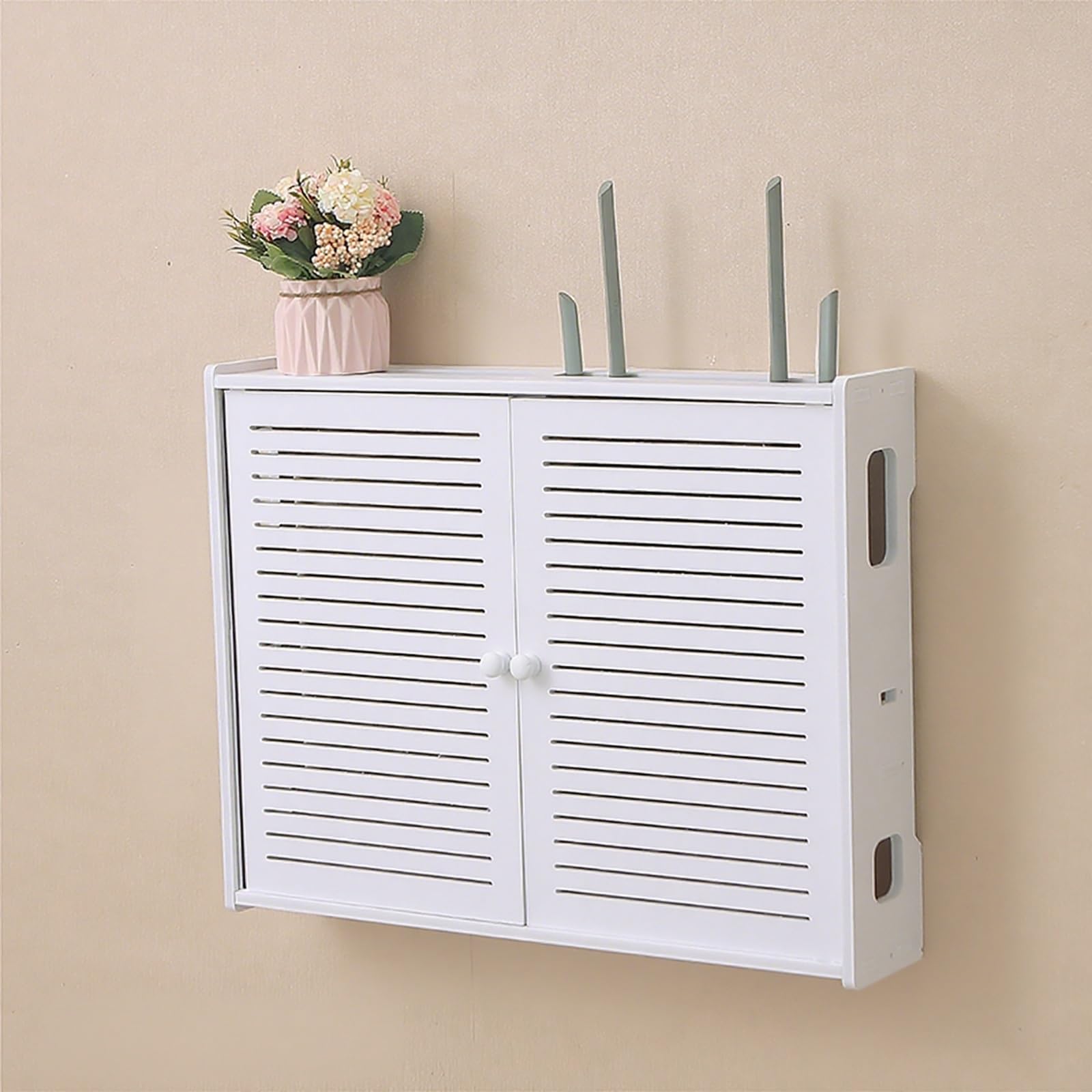 Wall Mounted WiFi Storage Box Hider,Router Shelter Box,Modem Cable Router Cover,Double-Deck Shelf,PVC Breathable Grid Organizer for Modem,for Home Office Use(58x10.5x46cm/22.8x4.1x18.1in)