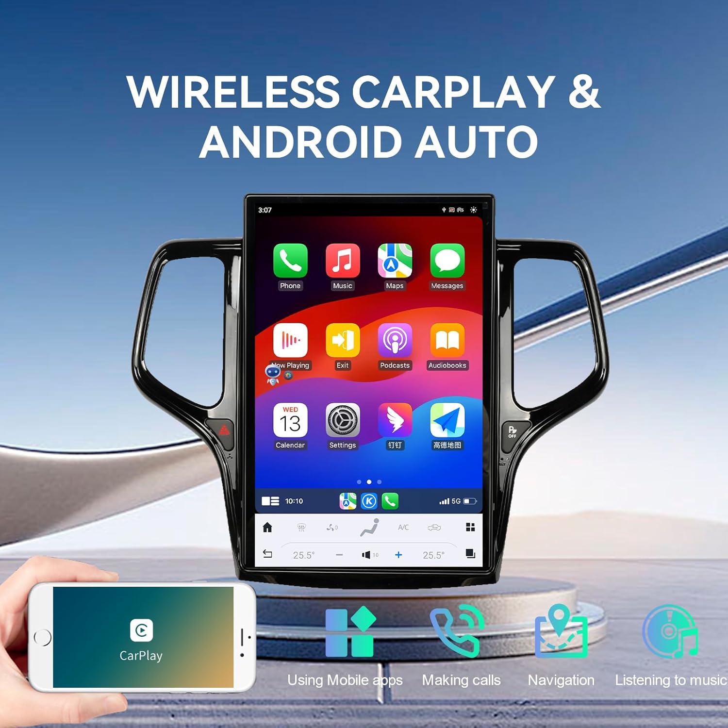14.4 Inch 8+128GB Tesla Screen Android 13 Car Radio Head Unit for Jeep Grand Cherokee Multimedia Stereo Wireless Carplay, GPS Navigation, OEM Functions (Year 2014-2023, Black)