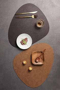 Leather Placemats Set of 4, Irregular Shape Heat Resistant Wipeable Washable Place Mats, Morden Waterproof Oil Proof Table Mats for Kitchen Dining Party Indoor Outdoor Dark Brown