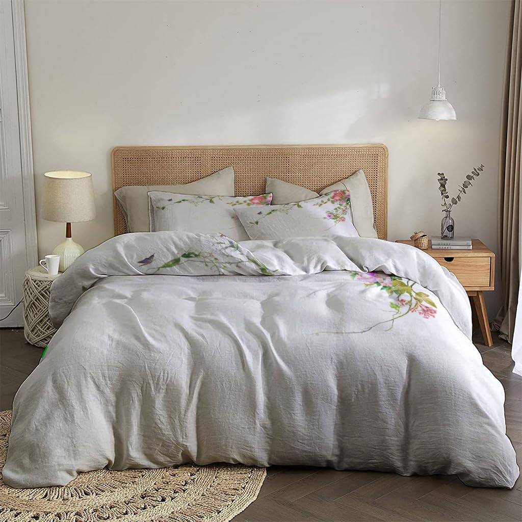 NIBAINLO 布団カバー白い背景に描かれた葉と花の水彩画 肌に優しい ピーチスキン加工 掛け布団カバー 和式 洋式 あったか 布団カバーセット リバーシブル ホームステイ ホテル 家庭兼用