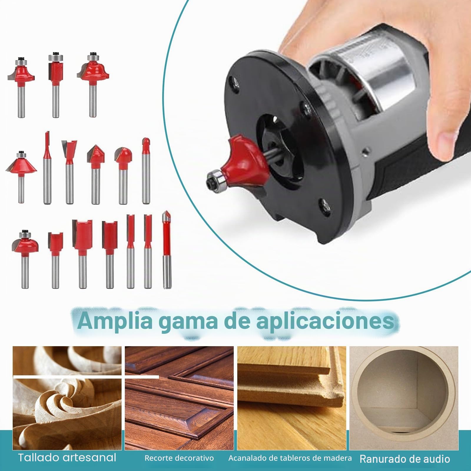 Batería Fresadora de superficie compatible con Makita Batería de 18 V, Cortador de madera sin cepillos de 800 W con 16 piezas de 1/4" Metal duro Conjunto de fresadoras (sin batería y sin cargador)