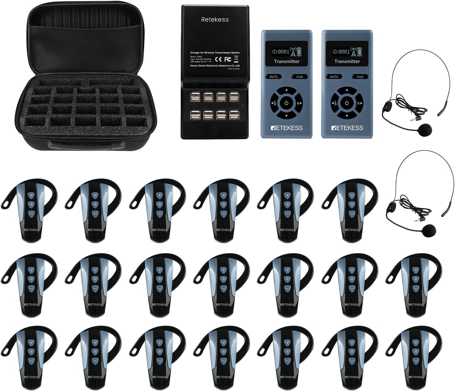 Retekess TT106S Tour Guide Headsets, Ear-hook Mini Receiver, 2.4Ghz, One-touch Mute and Shutdown, 656ft, 0-9 Level Volume, Assistive Listening Devices for Factory, School (2 Transmitters 20 Receivers)