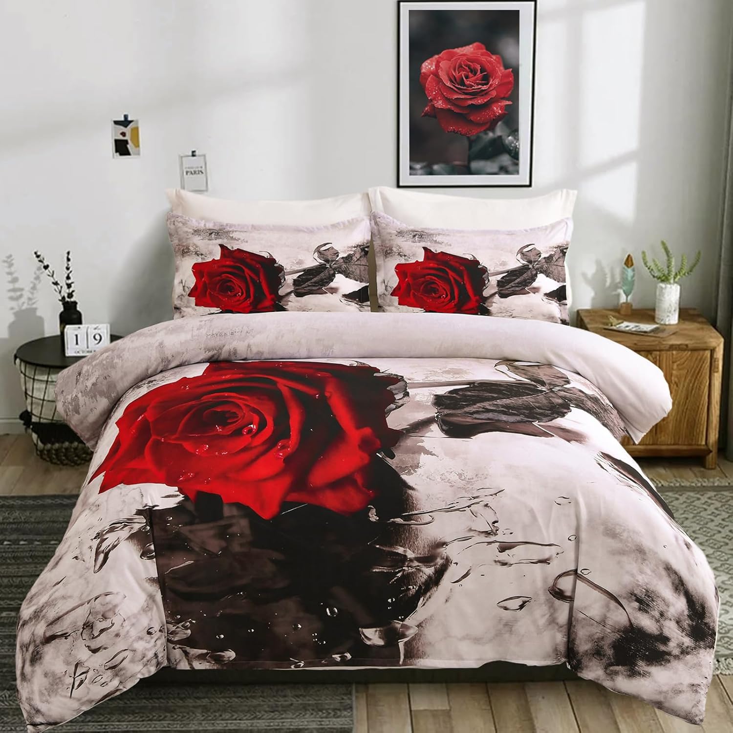 WONGS BEDDING Duvet Cover Set King Size, 3 Pieces Red Rose