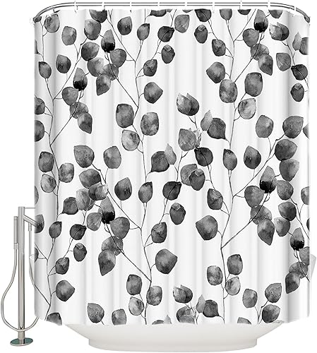 Grey Leaves Shower Curtain, Vintage Autumn Plant Watercolor Waterproof Washable Boho Funny Cute Shower Curtains Set for Bathroom Farmhouse Bathtubs