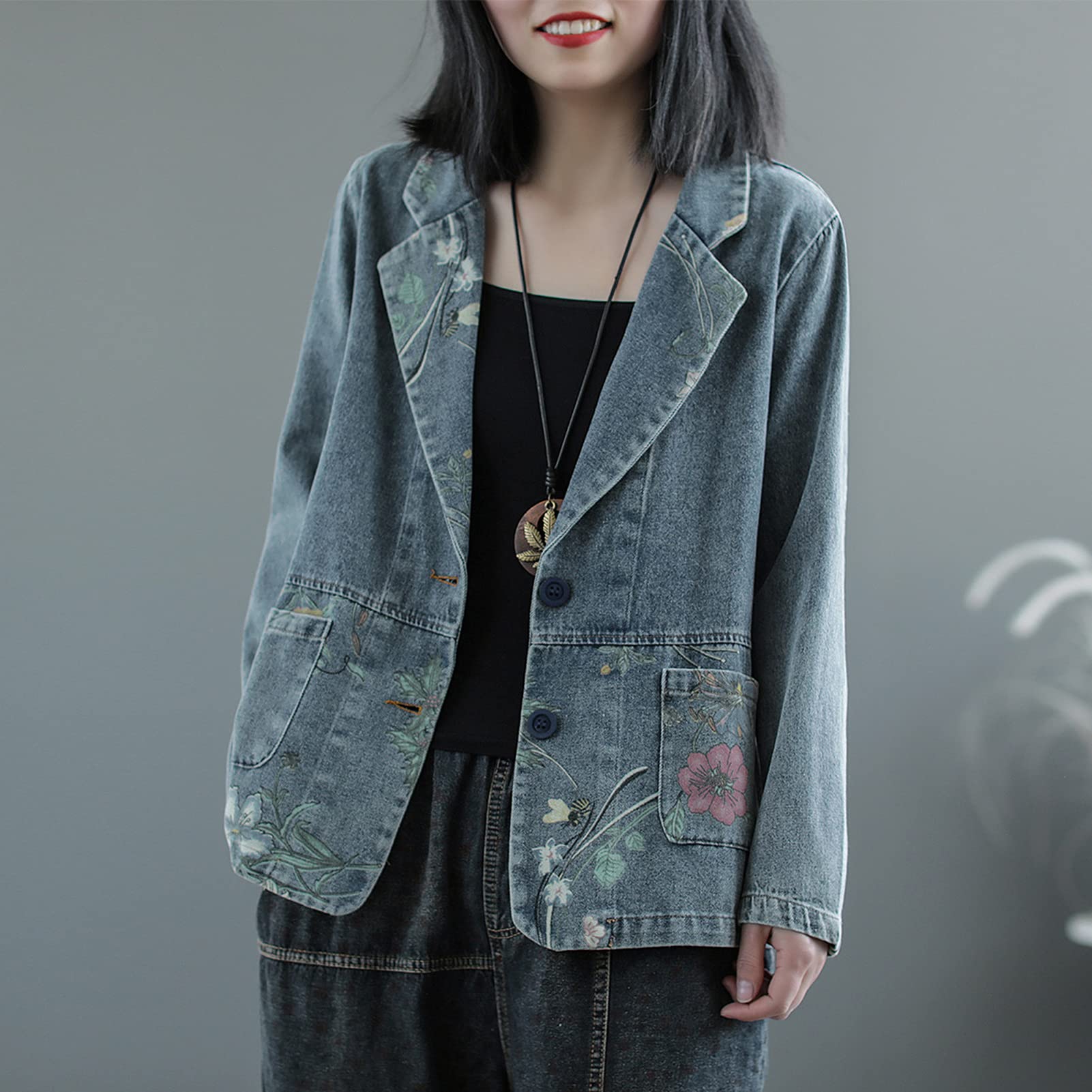 Blazer da donna in denim di cotone, a maniche lunghe, con bottoni da bavero, giacca da lavoro e da ufficio