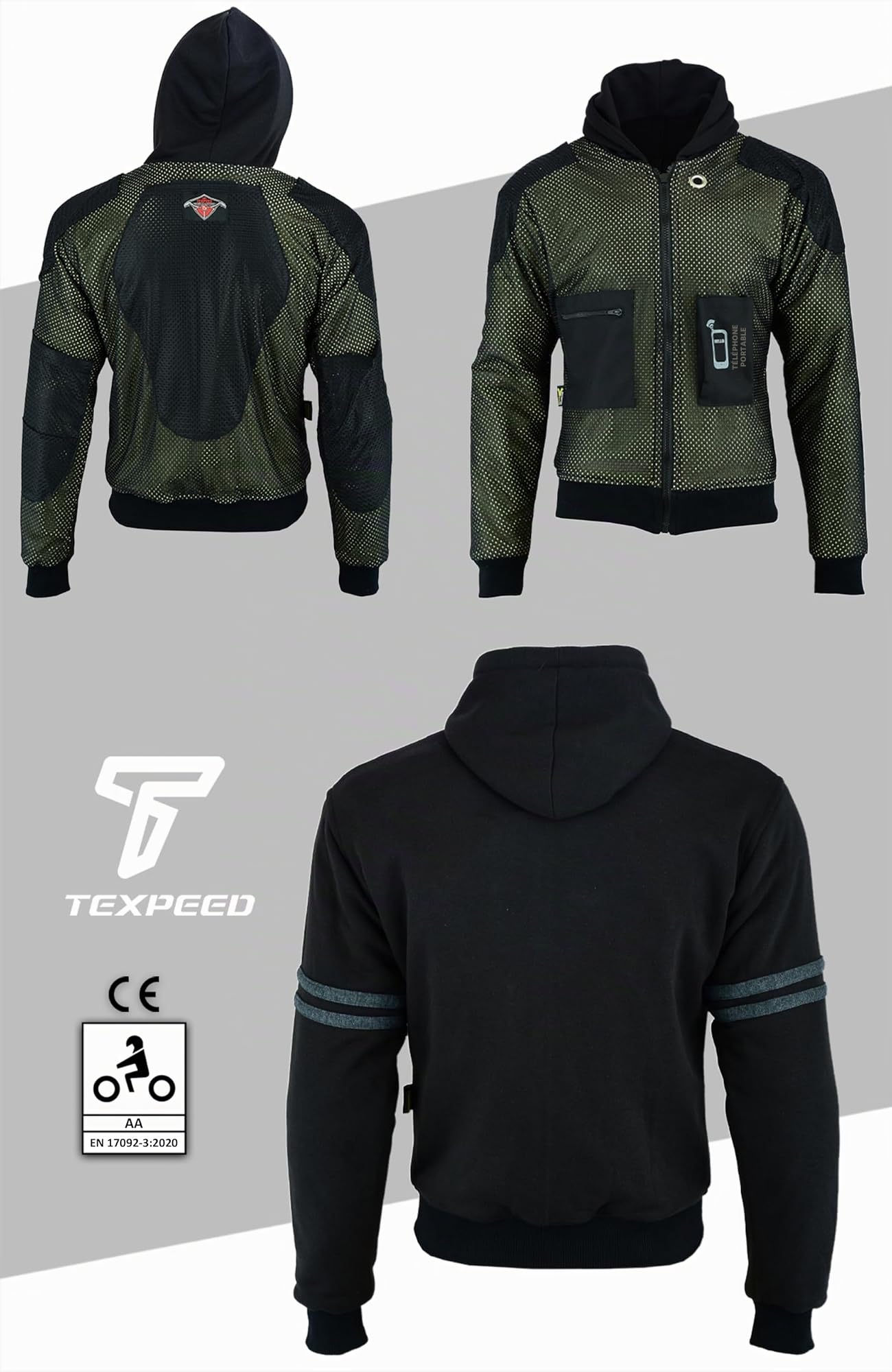 Texpeed Veste à capuche moto pour homme - Sweat à capuche en Aramide de protection avec protection (EN 1621-1) - Gris noir 6XL