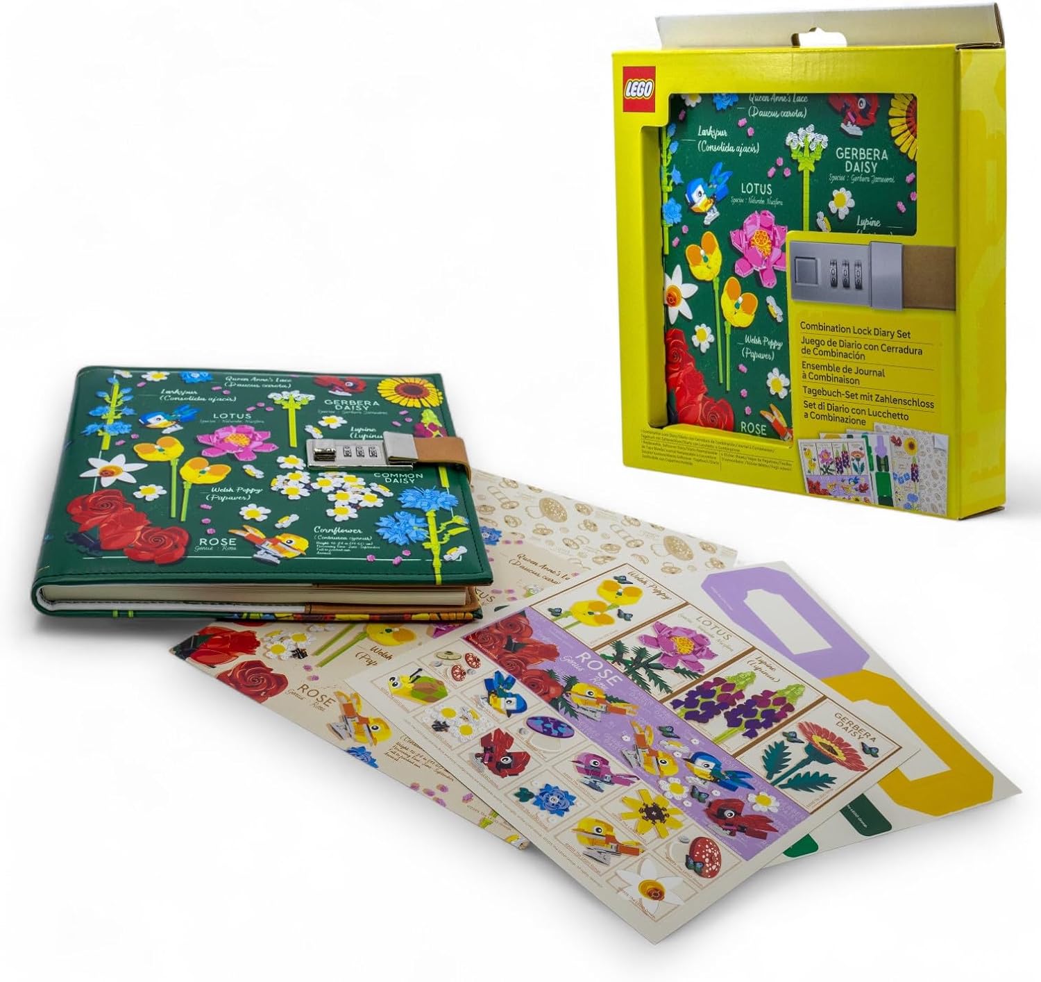IQ LEGO Combination Lock Diary Set - Botanical (53598), 192 dotted pages, softcover, includes sticker sheets
