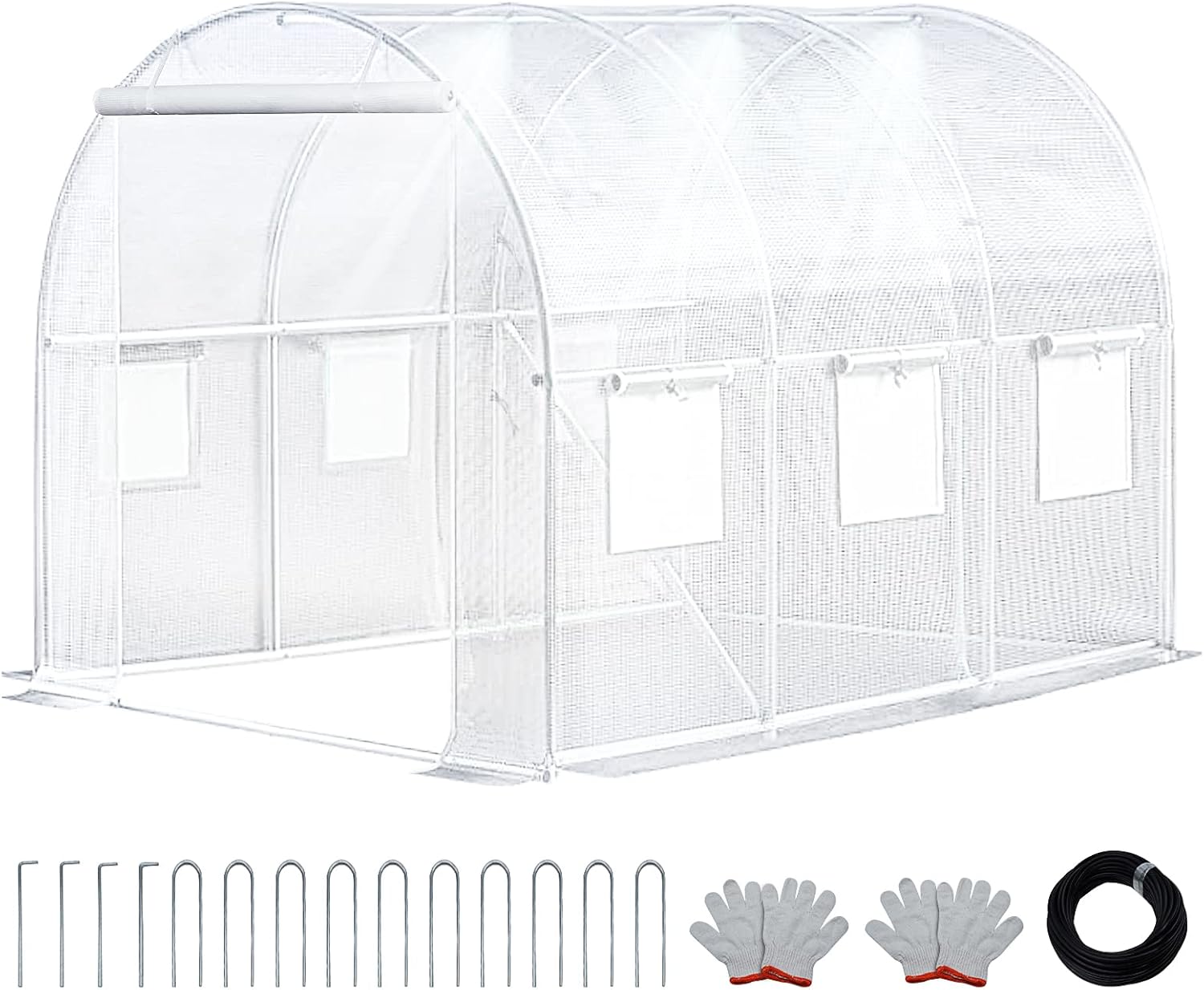 KANAGAWA 10'x7'x 7' Walk-in Tunnel Greenhouse with Watering System Heavy Duty Portable Green House Protect Gardening Plants 1 Zipper Mesh Door, 6 Roll-up Windows, Thickened galvanised Steel,White