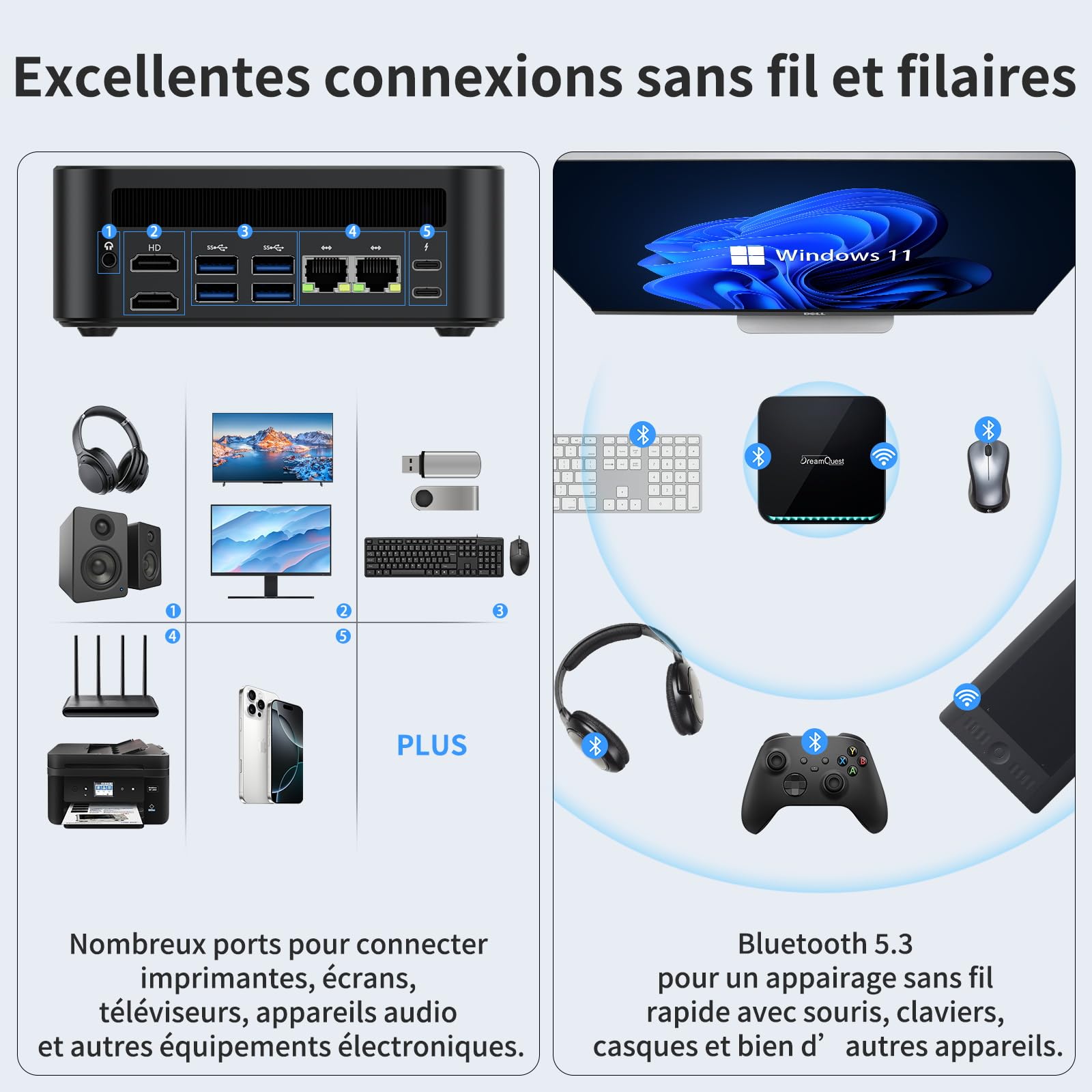 DreamQuest Mini PC Ryzen 5 7430U 16GB RAM 512GB SSD Windows 11 Pro | Desktop Compatto con Radeon Vega 7 WiFi 6 Bluetooth 5.3 USB 3.2 per ufficio e casa
