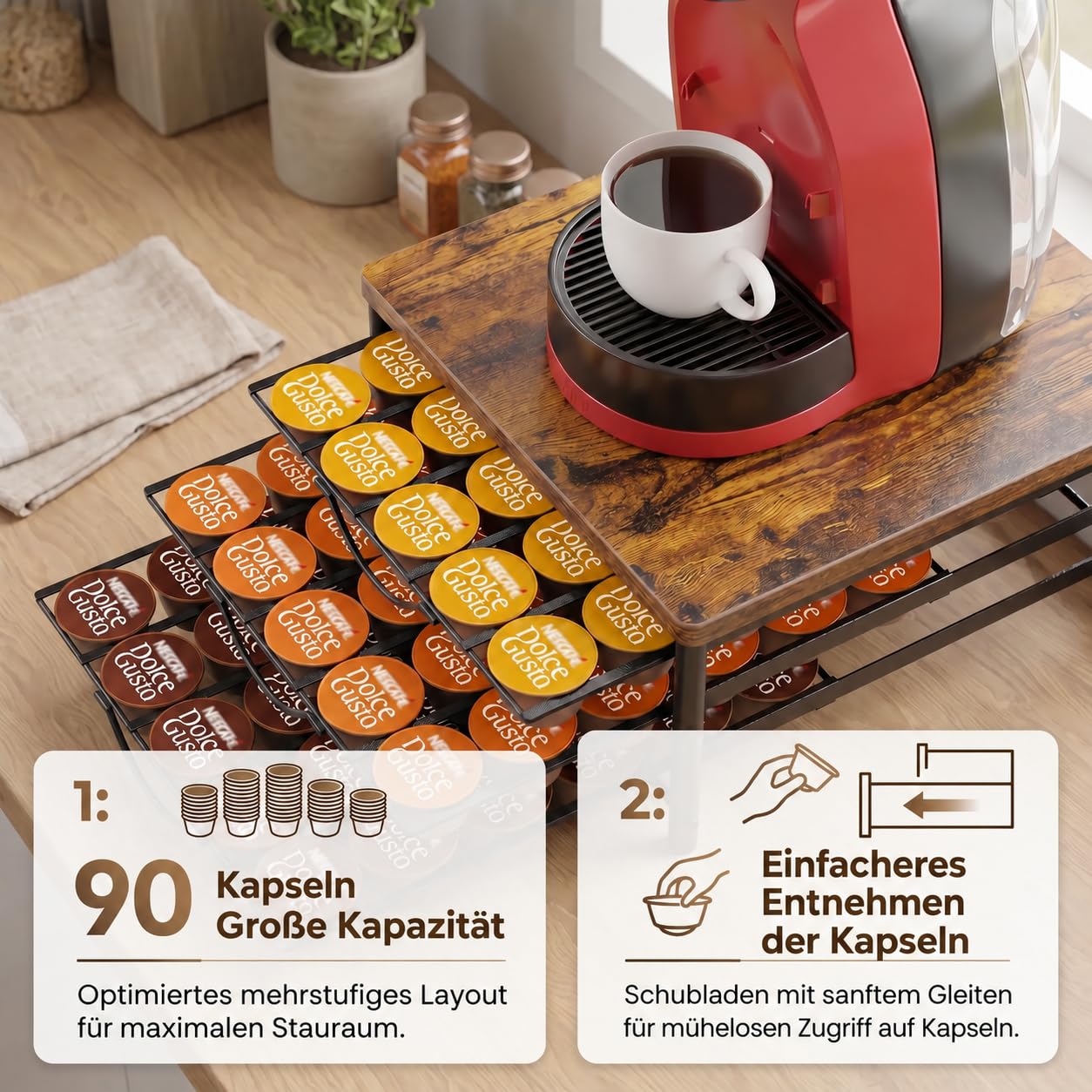 Uchwyt na kapsułki do Dolce Gusto 90 kapsułek kawy, 3 cicha metalowa szuflada na kapsułki z brązowym blatem z drewna i antypoślizgowymi nóżkami, nadaje się do dyni i biura