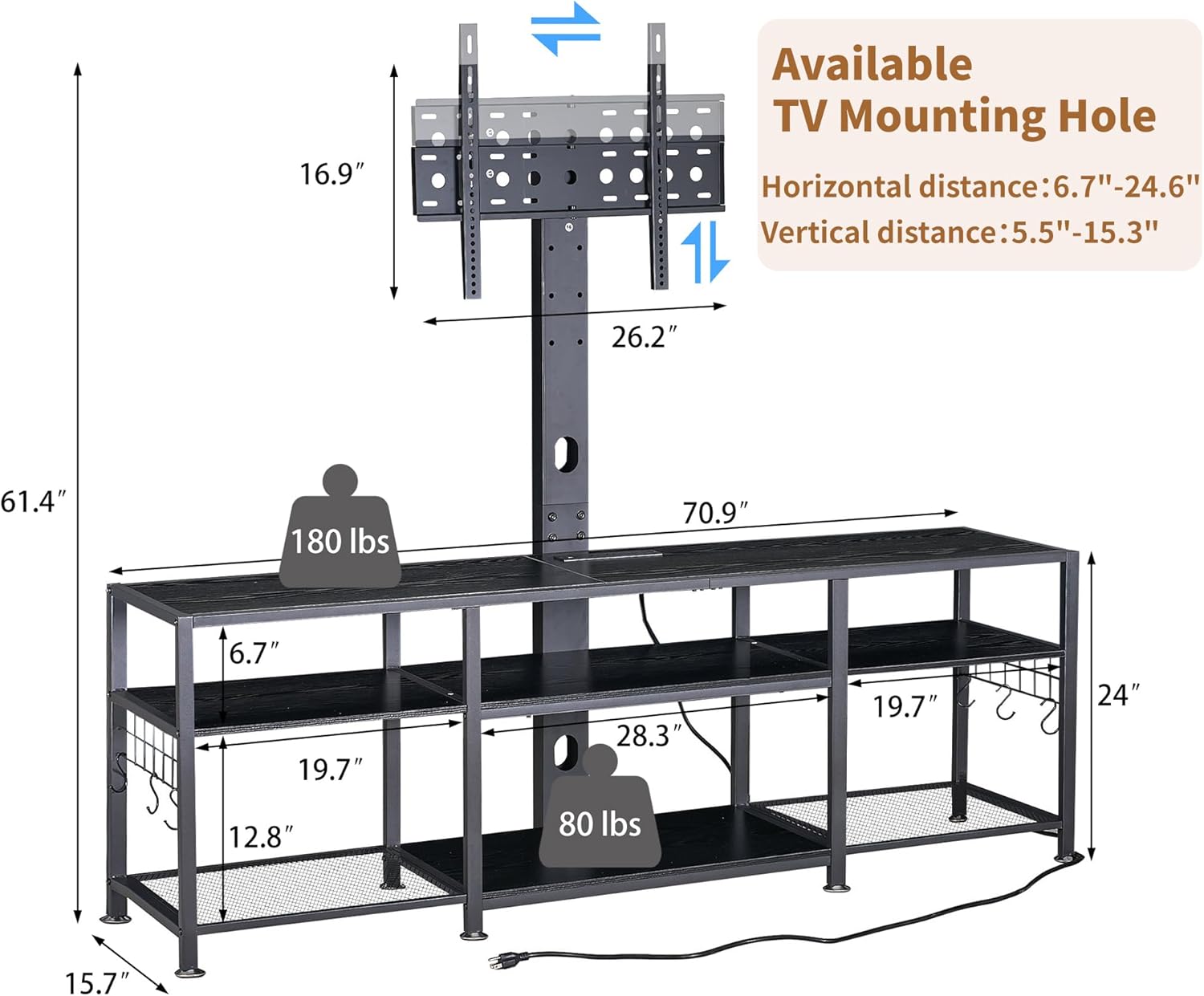 VECELO TV Stand with Mount and Power Outlet, Height Adjustable Entertainment Center with Storage Shelves for 55/65/70/75/80 inches Televisions, Console Table for Living Room, Bedroom, Matte Black