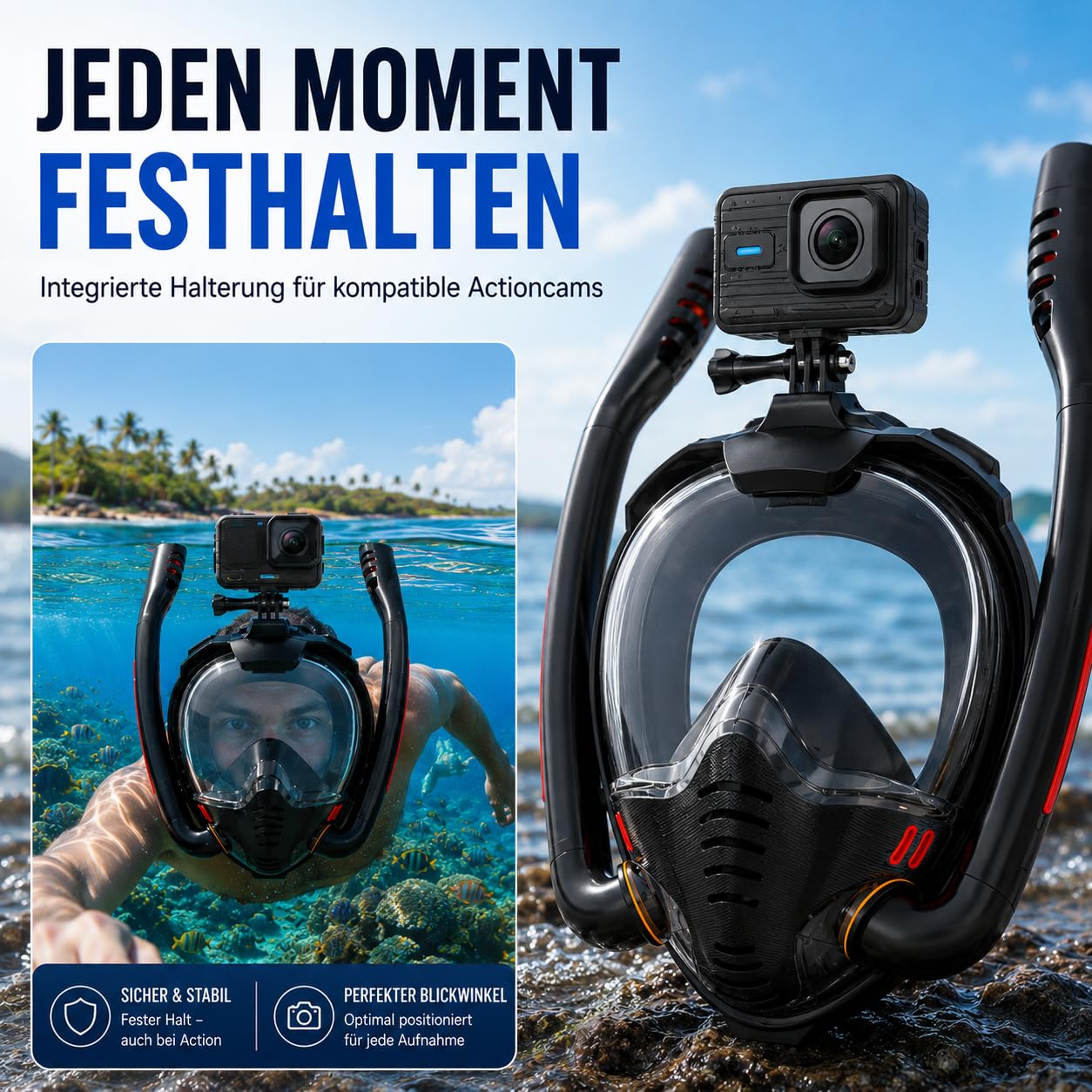 Schnorchelmaske Erwachsene, Tauch-Vollmaske mit Doppelatmungsrohren, Anti-Beschlag 180° Schwimmmaske, Silikonmaske für Schnorcheln Tauchen, Brillenträger tauglich