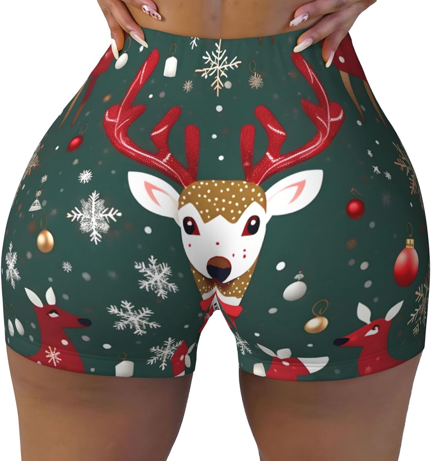 Christmas Deer Print Elastic Workout Shorts for Women,Running Shorts,Perfect for Fitness and Daily Wear