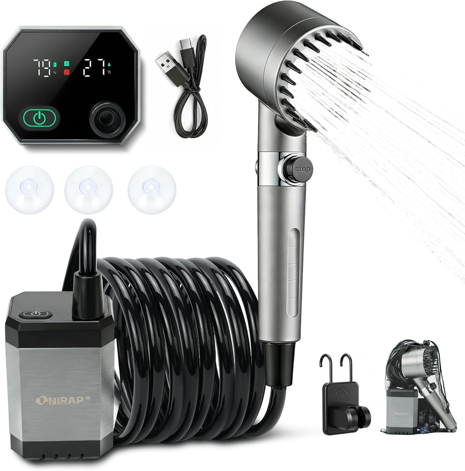 Portable Shower for Camping, Filtered Camping Shower, IPX8 Waterproof，6000mAh Rechargeable Outdoor Camp Shower Pump with LED Display, 4 Spray Modes for Hiking, Travel, Pet