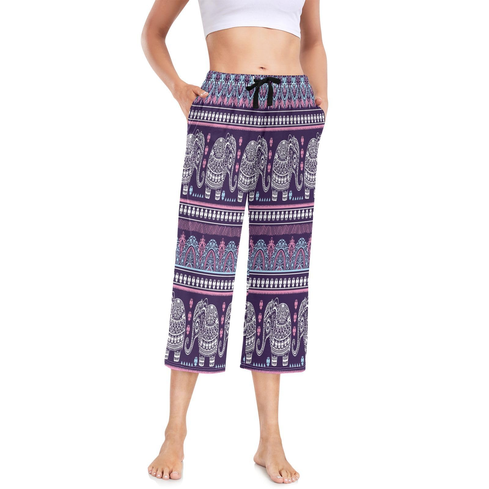 Linomo Women's Multicolor Pyjama Bottoms Mandala Elephant Pajama Pant Cropped Trousers Pajama Lounge Pants Loungewear Nightwear Yoga Casual Pants
