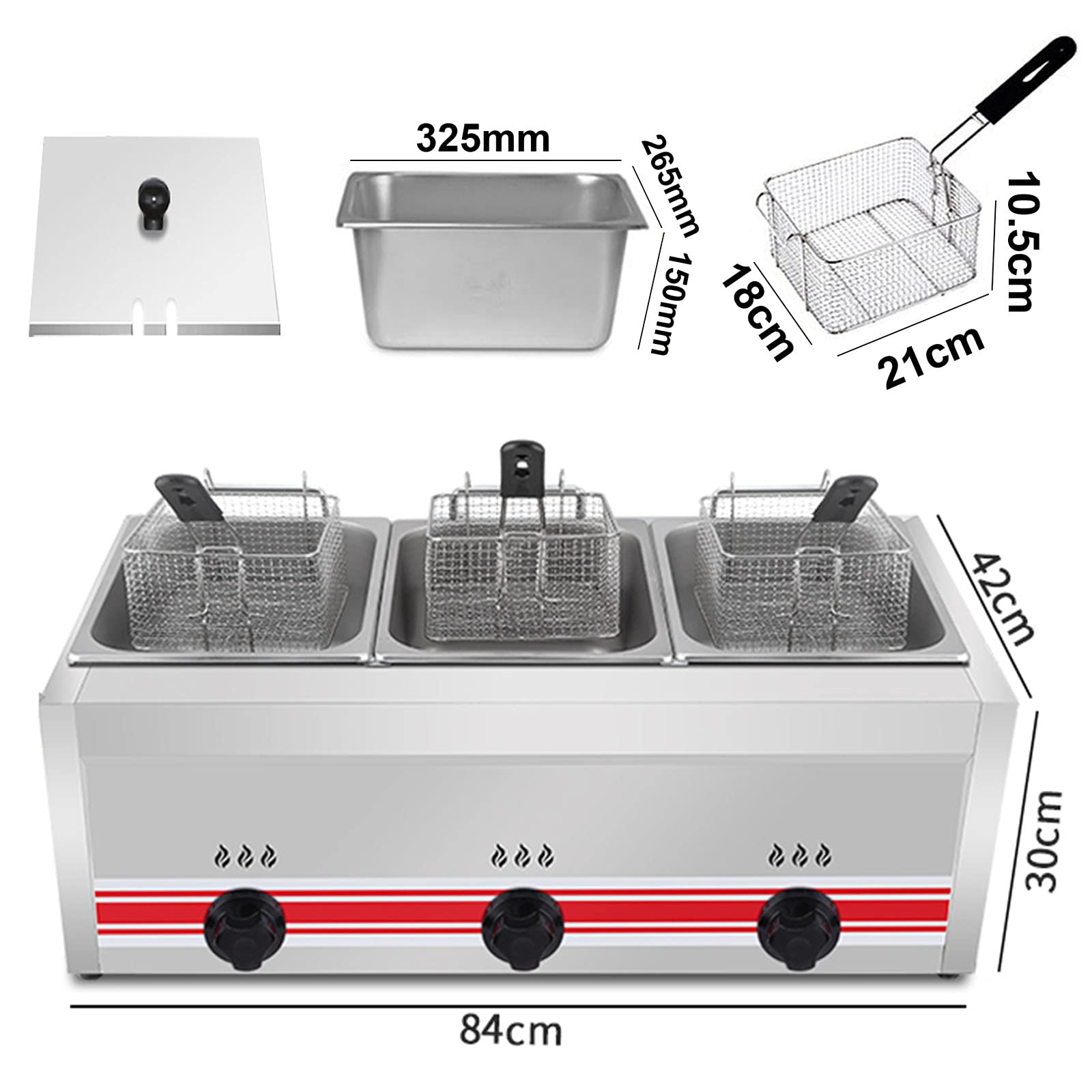 Friggitrice a Gas di Grande capacità con cestelli e Coperchio Rimovibili 20L/30L Controllo della Temperatura da Terra Potenza di Fuoco Regolabile Acciaio Inossidabile