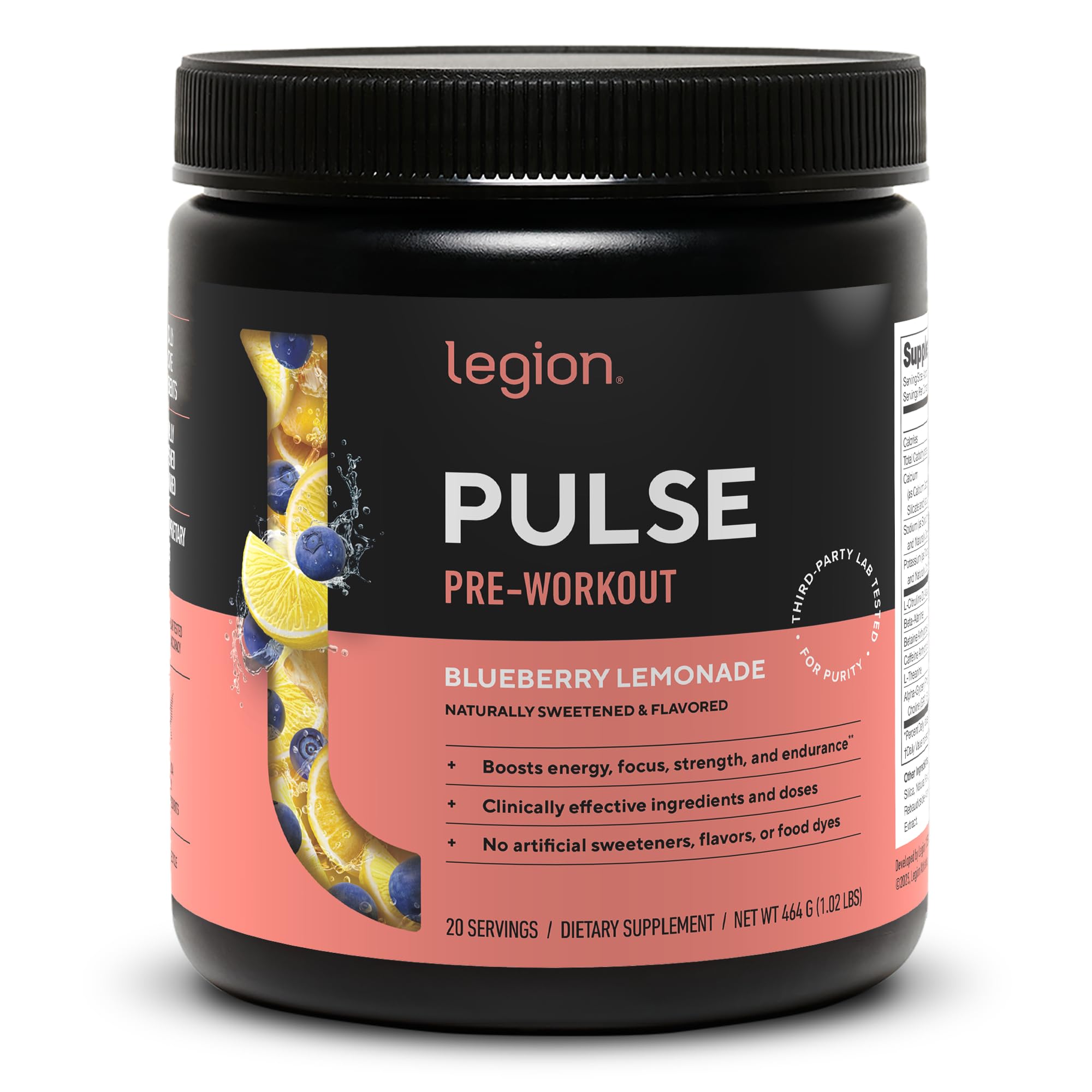 LEGION Pulse Pre Workout Supplement - All Natural Nitric Oxide Preworkout Drink to Boost Energy, Creatine Free, Naturally Sweetened, Beta Alanine, Citrulline, Alpha GPC (Bluebery Lemonade)