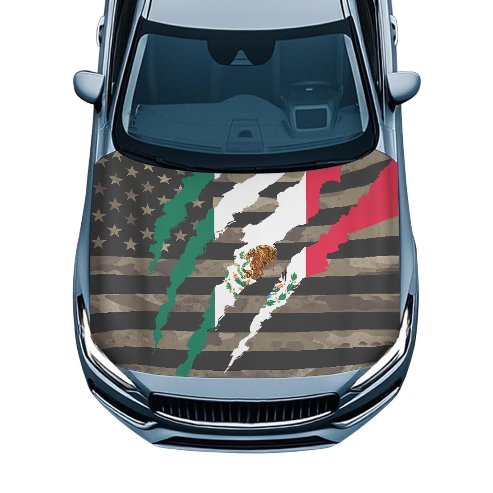 Mexican Flag for Car Hood Cover Weatherproof Automotive Exterior Accessories Universal Fit Hood Covers for Cars, Trucks, SUV, or Van Full Coverage, Camo American