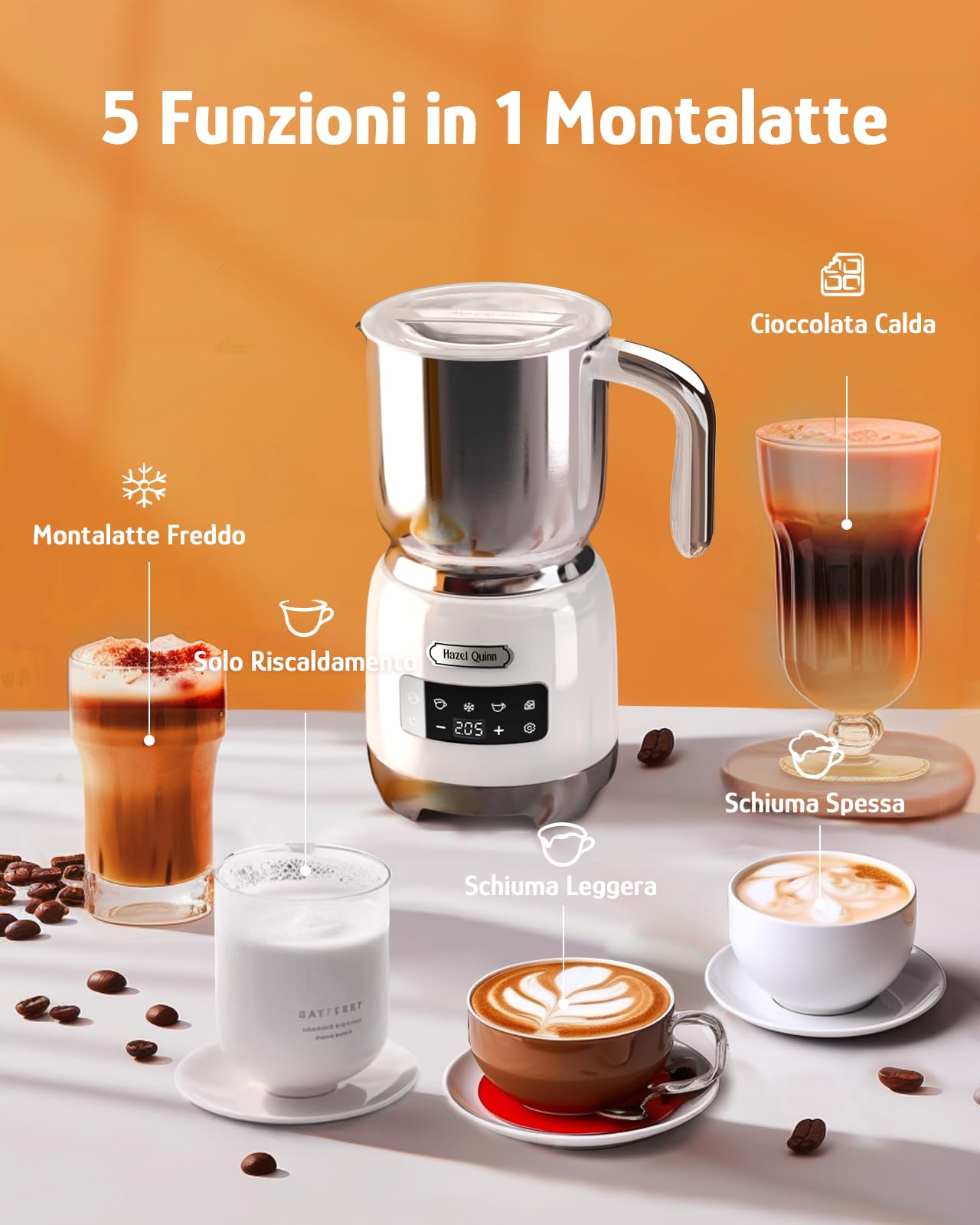 Hazel Quinn Montalatte Elettrico 5 in 1 per Cappuccino, Acciaio Inox 304 e LED Touchscreen, Schiuma Latte Elettrico da 400 ML, Schiumatura a Caldo e a Freddo, Lavabile in Lavastoviglie, Bianco