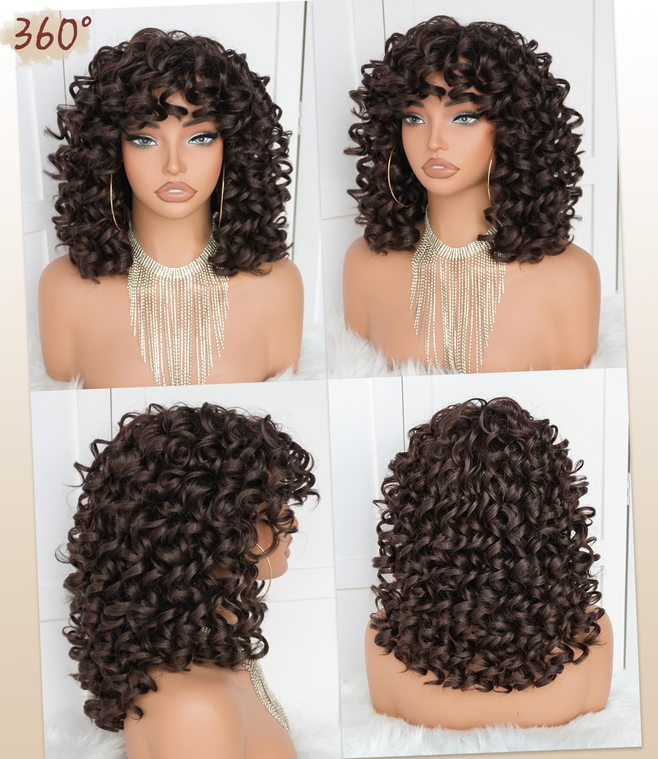 Annivia Short Curly Wigs for Women with Bangs Big Bouncy Fluffy Kinky Curly Wig Soft Synthetic Short Curly Afro Wig for Daily Party Use（Dark Brown）