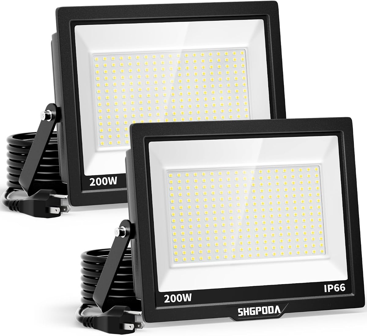 Paquete de 2 luces de inundación LED de 200 W al aire libre, luces de seguridad más brillantes de 24000LM con enchufe + cable de 10 pies, IP66 impermeable, luz de inundación blanca de 5000K para patio, jardín, estadio, patio de recreo, arena | Luz de seguridad LED más brillante con enchufe, luz de inundación para patio trasero, jardín, estadio, patio de recreo, arena, exterior