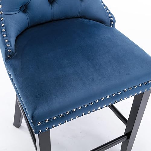 Miniatura 32 de Juego de 2 taburetes de bar de altura de mostrador, taburetes de bar con patas de madera maciza con respaldo, sillas de bar tapizadas de terciopelo