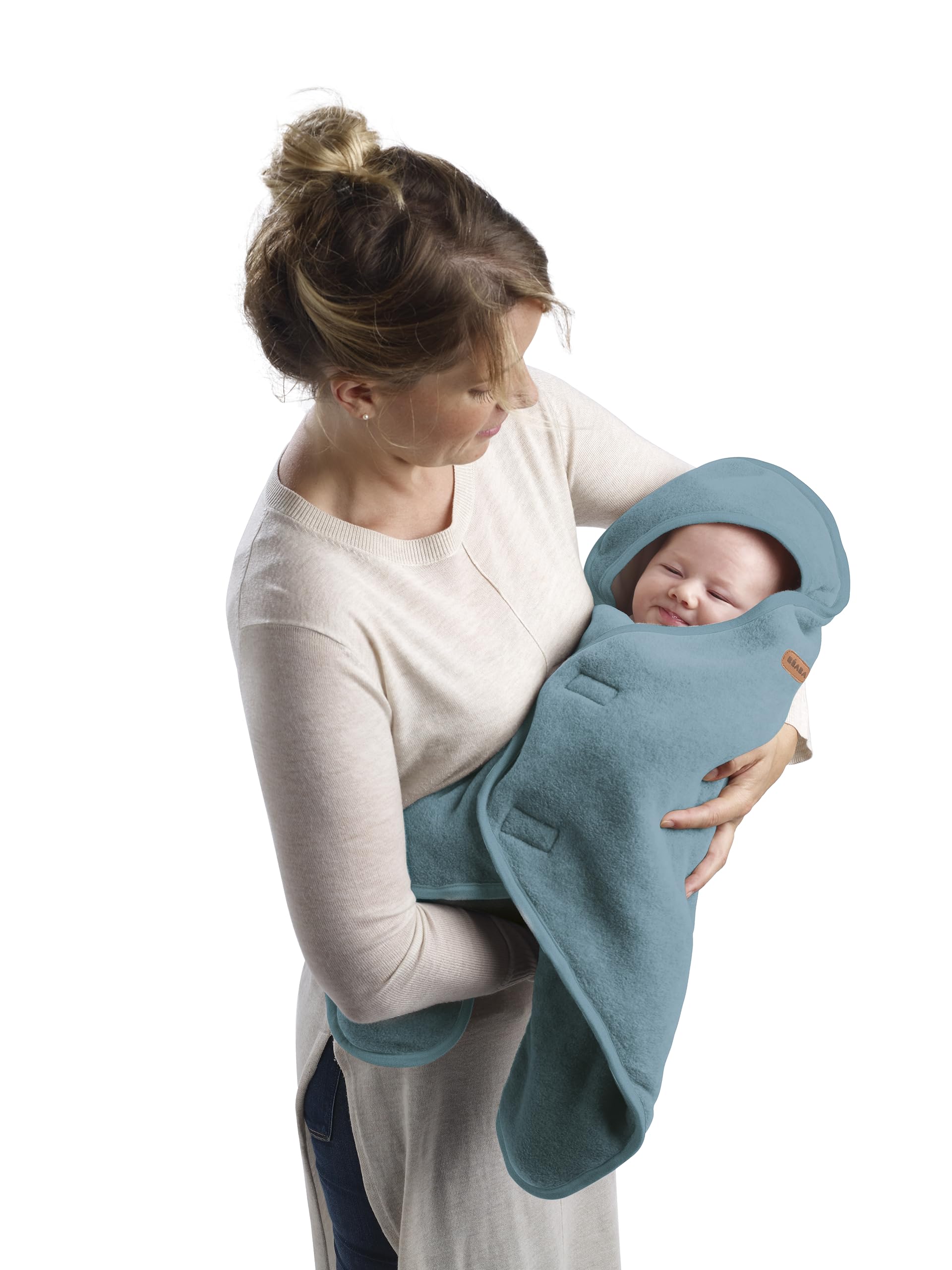 BÉABA, Babynomade Doble Forro Polar, Manta envolvente de invierno para bebé, compatible con silla de coche/Pram/Sat, suave, cálida, repelente al agua, transpirable,Paso de arnés,Azul/Blanco,0-6 Meses