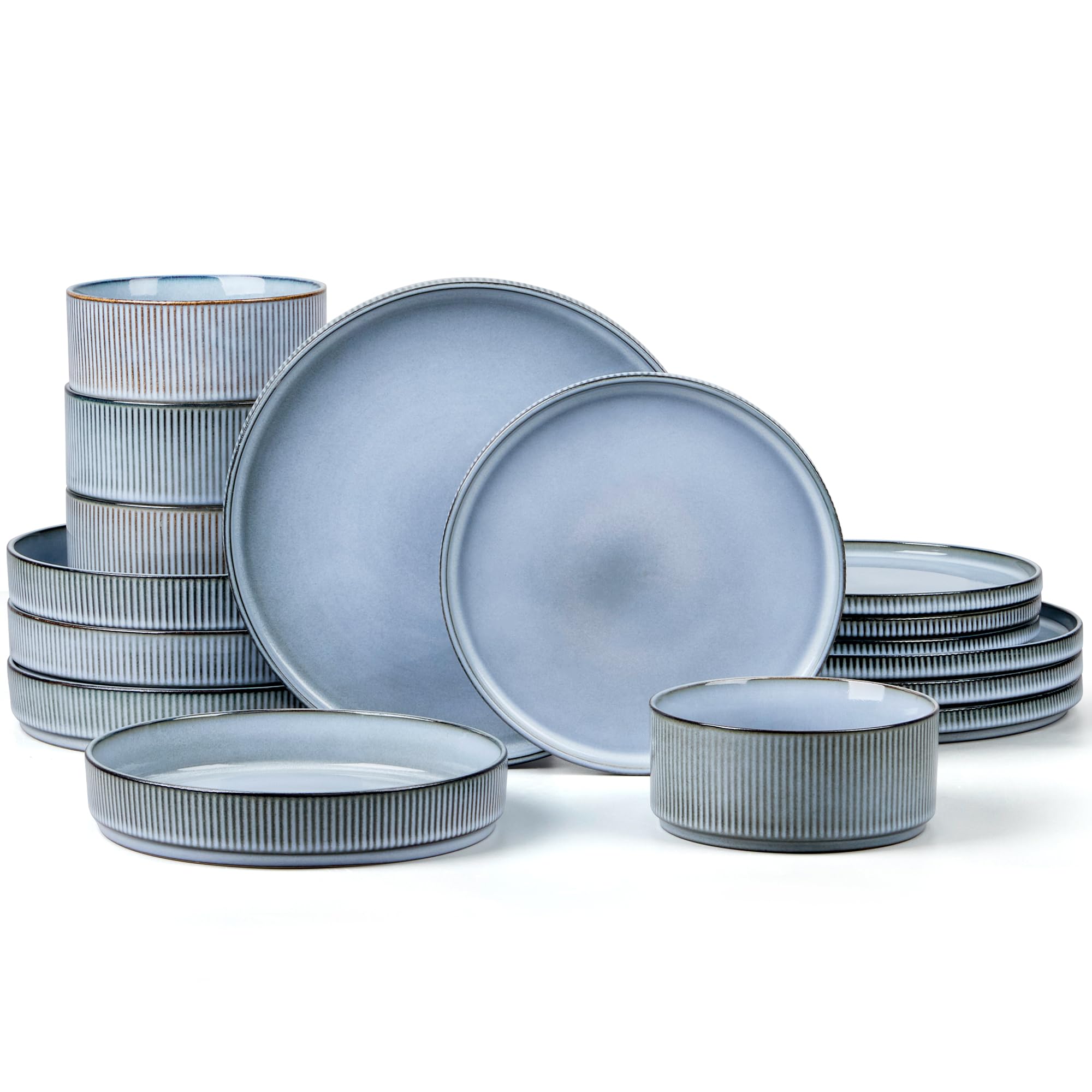 E-far 16 Piece Dinnerware Sets, Plates and Bowls with Pasta Bowls Service for 4, Modern Stoneware Ribbed Dishes for Kitchen Dining, Microwave &amp; Dishwasher Safe, Dusty Blue