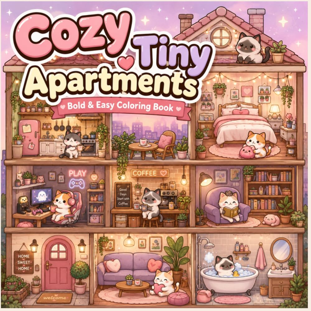 Cozy Tiny Apartments Coloring Book: Bold & Easy Kawaii Cozy Spaces for Relaxation