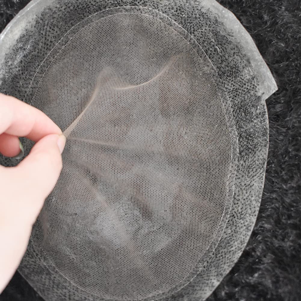 LYRICAL HAIR Afro Kinky Curly Toupee for Black Men 8X10 Full Poly PU with Breathable Lace Center Mens Toupee African American Human Hairpiece All Injected PU Hair System Replacement Super Durable Skin Wigs (8MM Afro Wave, 1B# Natural Black/Off Black)