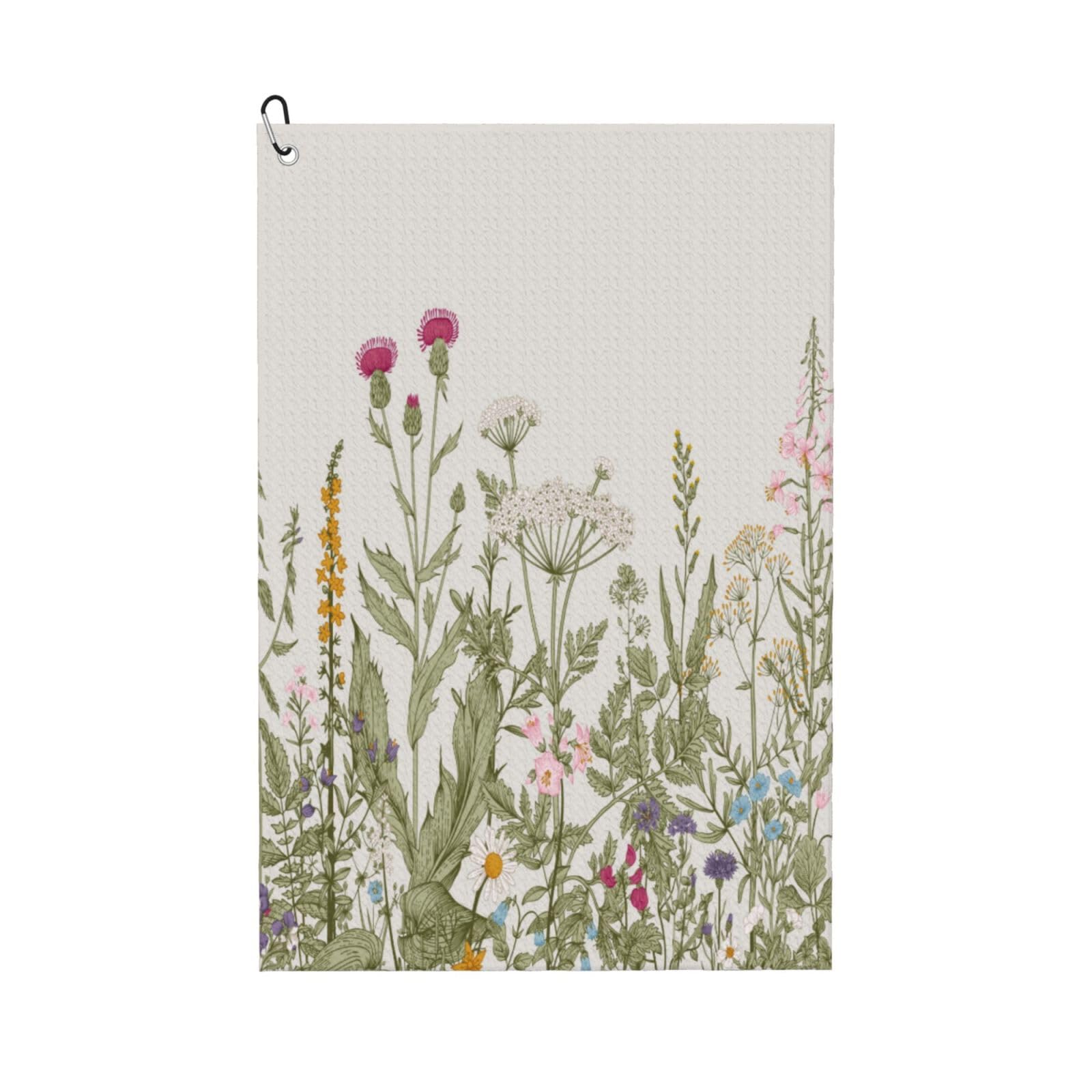 AOOEDM Herbs and Wildflowers Print Golf Towel with Carabiner Clip Absorbent Microfiber Golf Towel for Cleaning Golf Ball Club Putter Iron for Golf Bag Trolly Belt Loop 16" X 24"