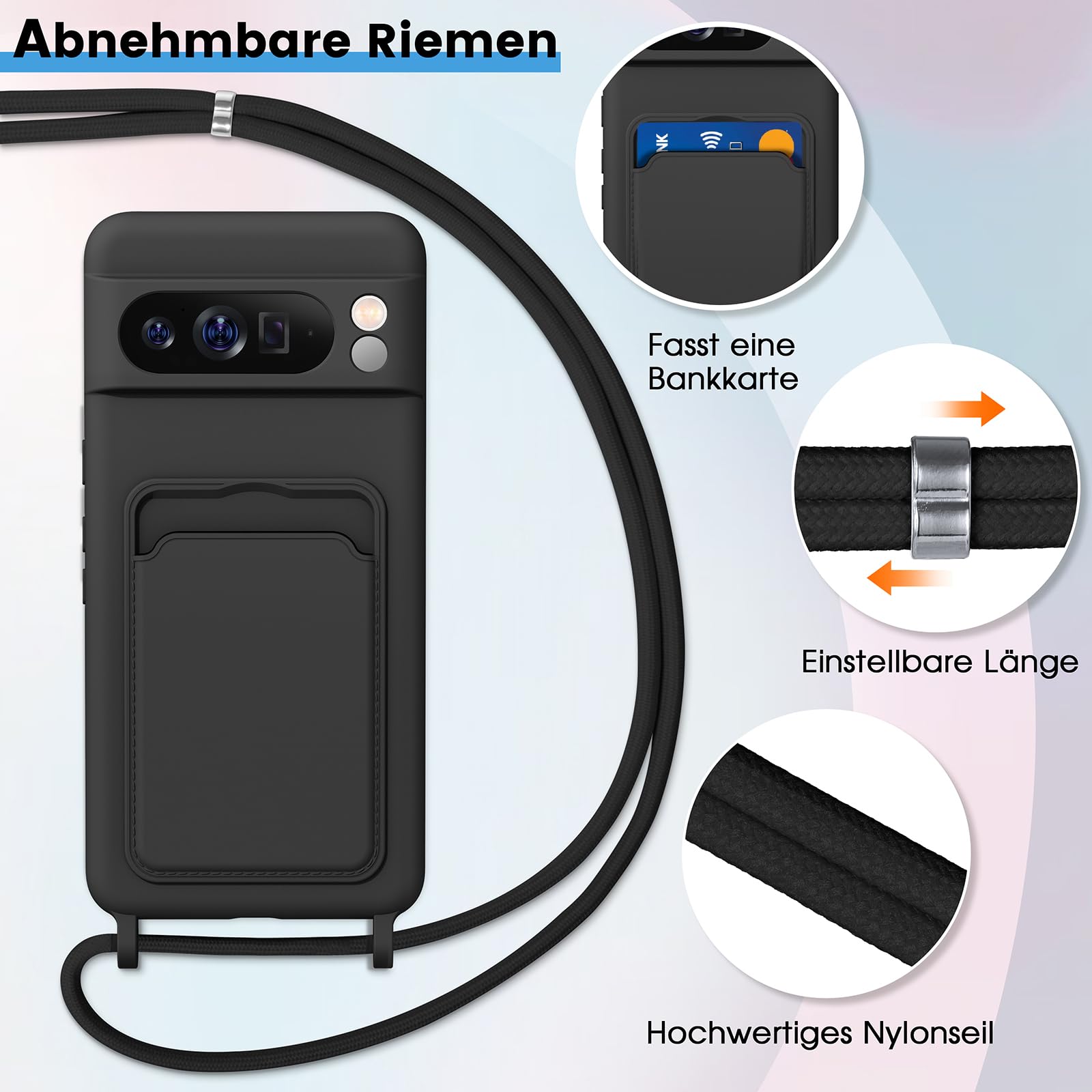 BENTIACC Chaîne Téléphone Portable Google Pixel 8 Pro - Coque Silicone Avec Bandoulière Et Porte-Cartes