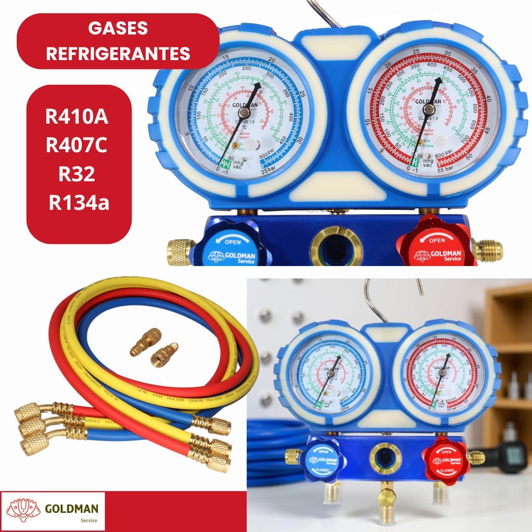 GOLDMAN SERVICE | Kit Manómetro Aire Acondicionado con 3 Mangueras Carga y Medición de Gas Refrigerante Coche | R410A R407C R32 R134a