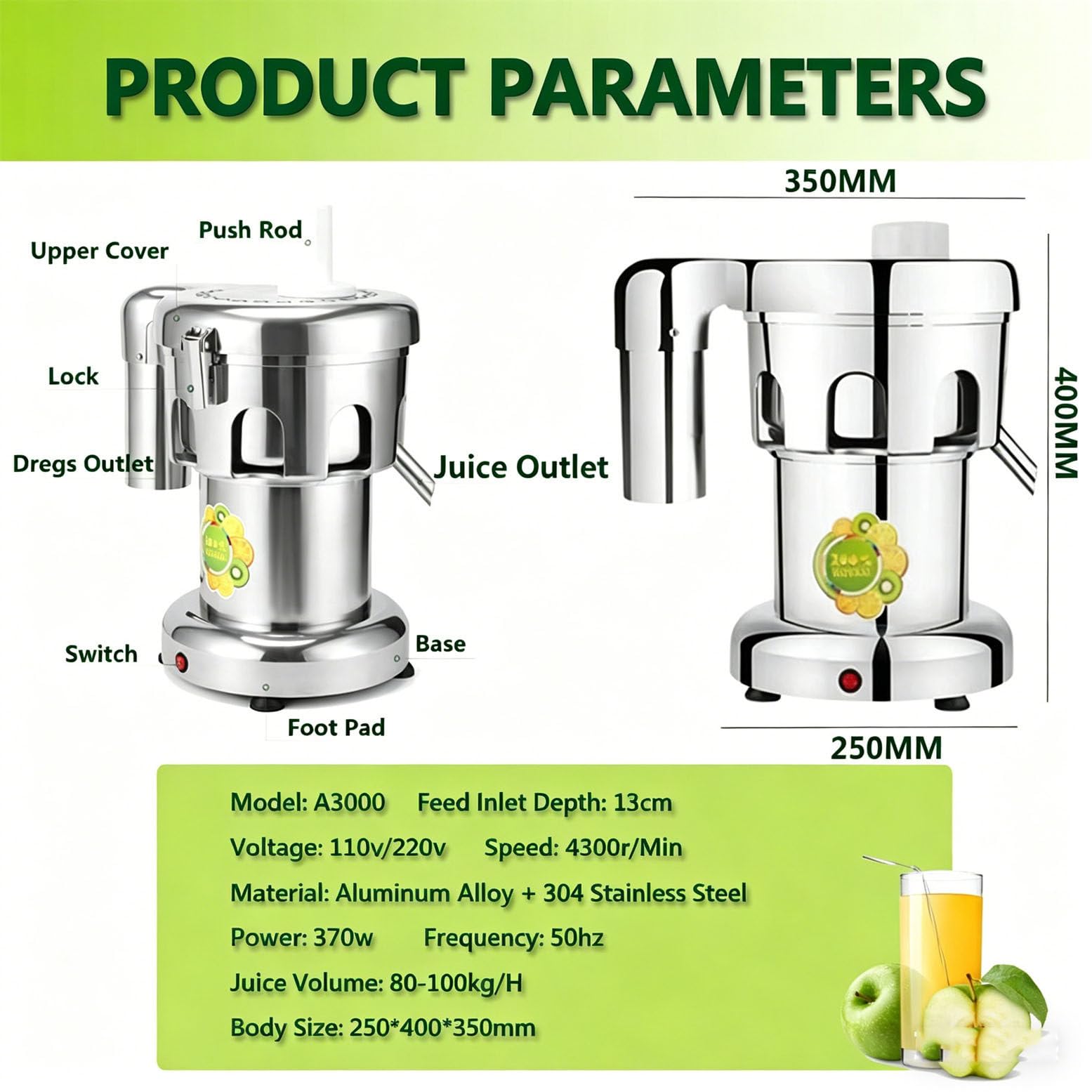 Estrattore di Succo Commerciale per Spremiagrumi Centrifugo per Impieghi Pesanti, Spremiagrumi Elettrico da 370 W, Sia Frutta Che Verdura,25X40X35cm