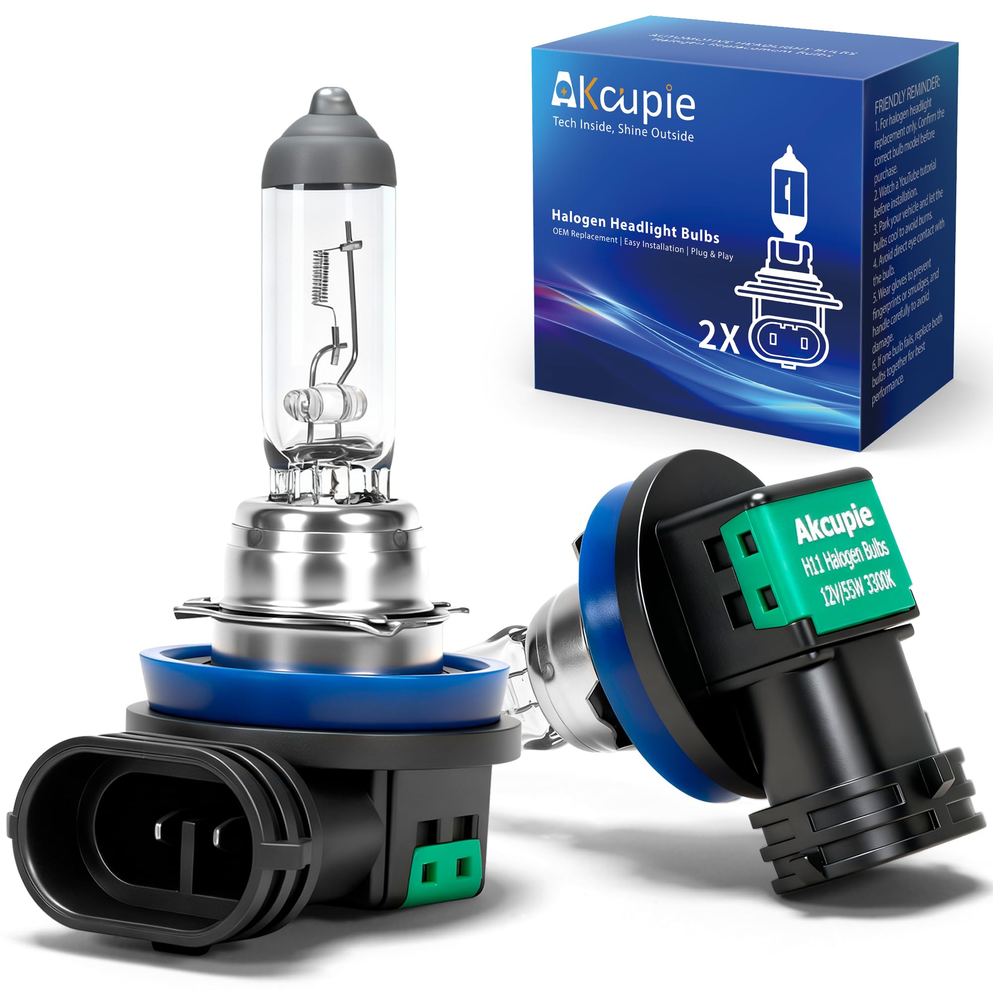 2 Pack H11 Halogen Light Automotive Headlight Bulb,55W 3300K Warm White OEM Replacement Headlamp Low Beam Fog Lamp,Plug & Play Long Lifespan Bright Car Headlight for Toyota Honda Nissan Ford Chevrolet