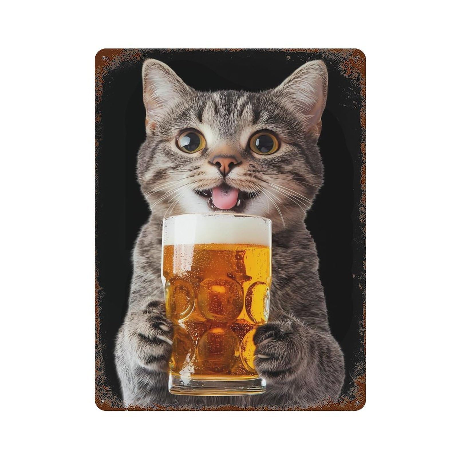 Cat Drinking Beer Rust Effect Tin Sign 15.7"x11.8", for Bistro, Counter And Cafe Decor, Decorative Metal Wall Art