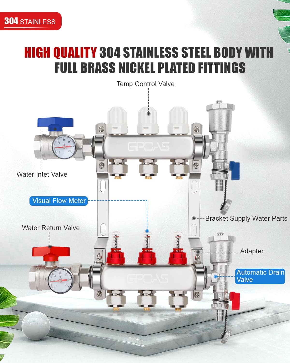 3-branch radiant floor heating pex manifold set 3 loop 1/2 inch stainless steel pex tube,for hydronic radiant floor heating stainless steel,pex 3 loop