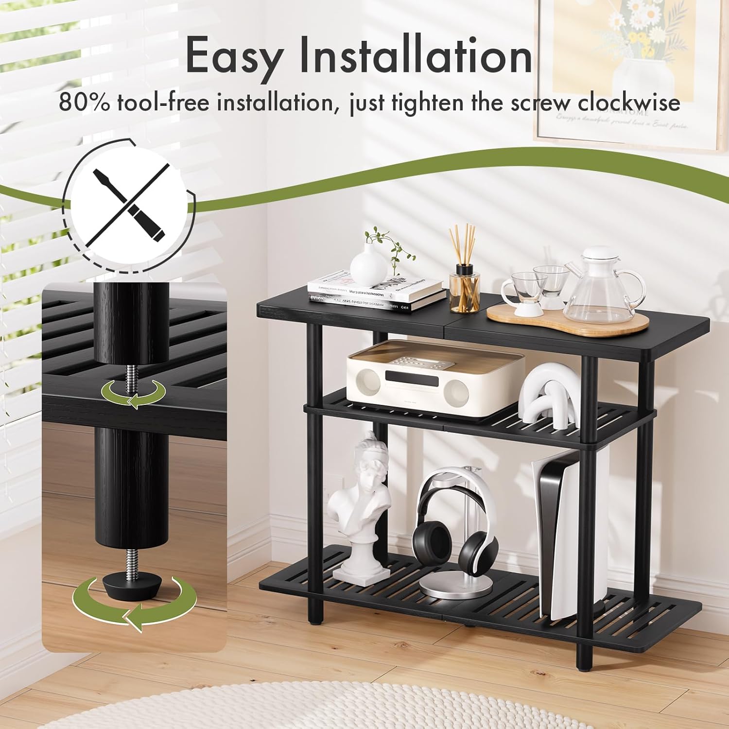 Bamboo TV Stand, Small TV Stands for up to 32 Inch, 3-Tier Entertainment Center TV Shelf with Storage, Sturdy Corner TV Stand for Small Spaces, Black