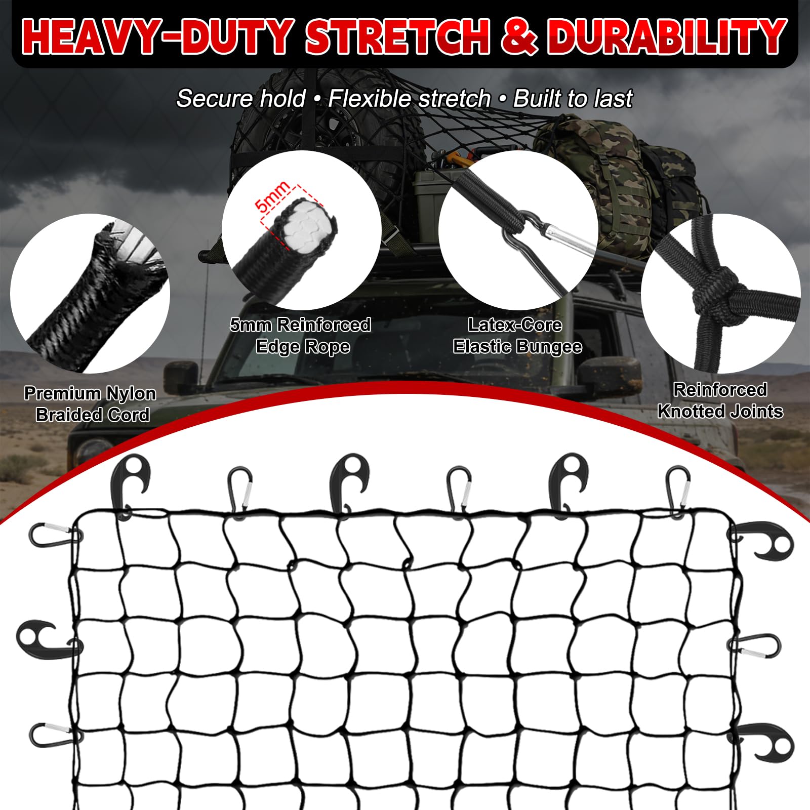 Red de equipaje de 180 x 120 cm, extensible hasta 360 x 240 cm, con 1 bolsa de almacenamiento, 2 cuerdas elásticas de carga, 16 ganchos de metal y 16 ganchos de ABS, para ATV, Suvs, camiones y