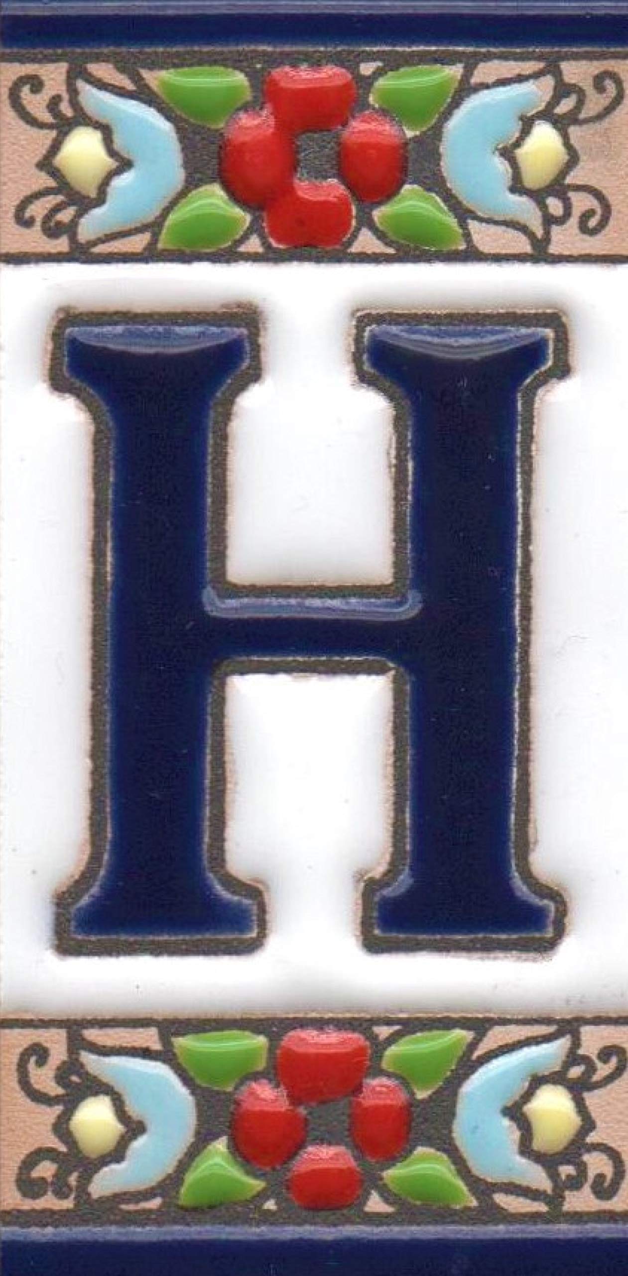 Spanish 7.5cm x 3.5cm Floral Cherry flower hand-painted Ceramic Numbers, Letters, Tiles & Filigree Metal Frames (H)