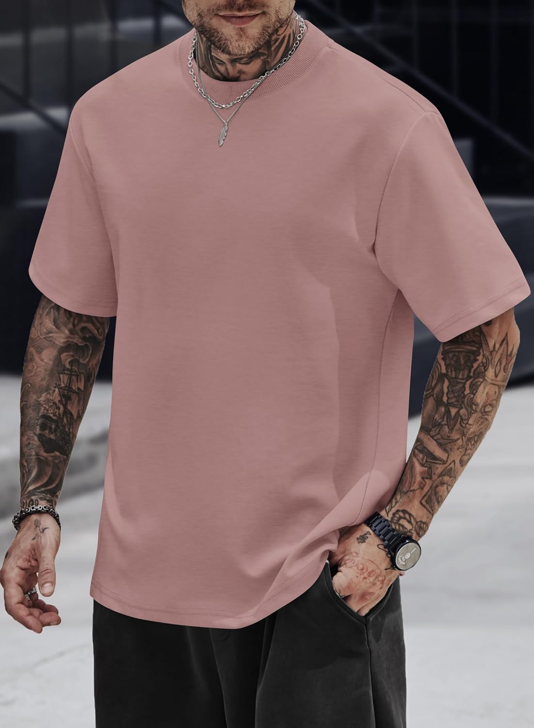 Mens Oversized T-Shirts Heavyweight Cotton Crew Neck Stretch Fashion Thick Tee Tops - Image 3