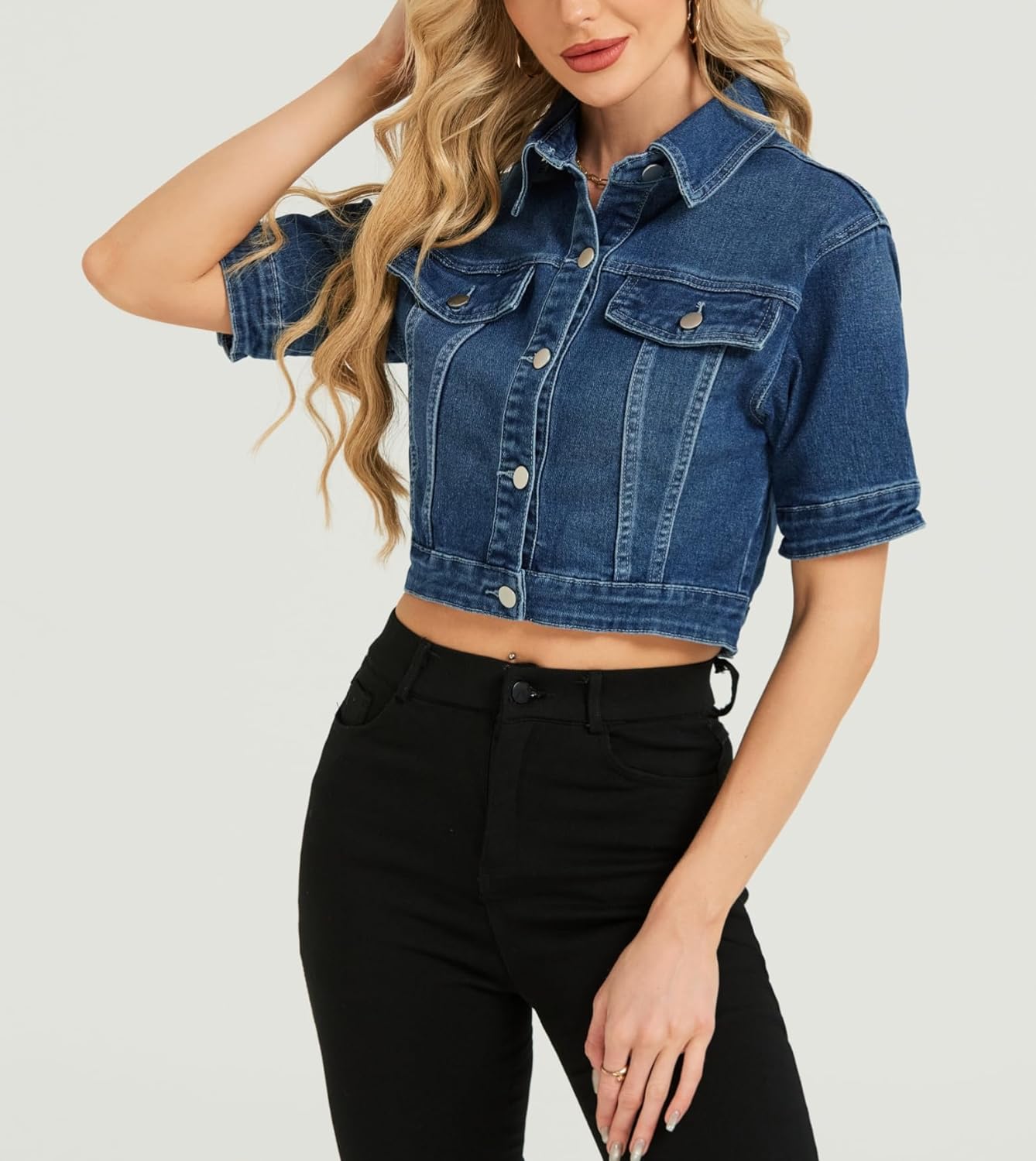 LifeShe Women Stretch Cropped Denim Jacket Short Sleeves Button Down Trucker Jean Jackets Coats - Image 6