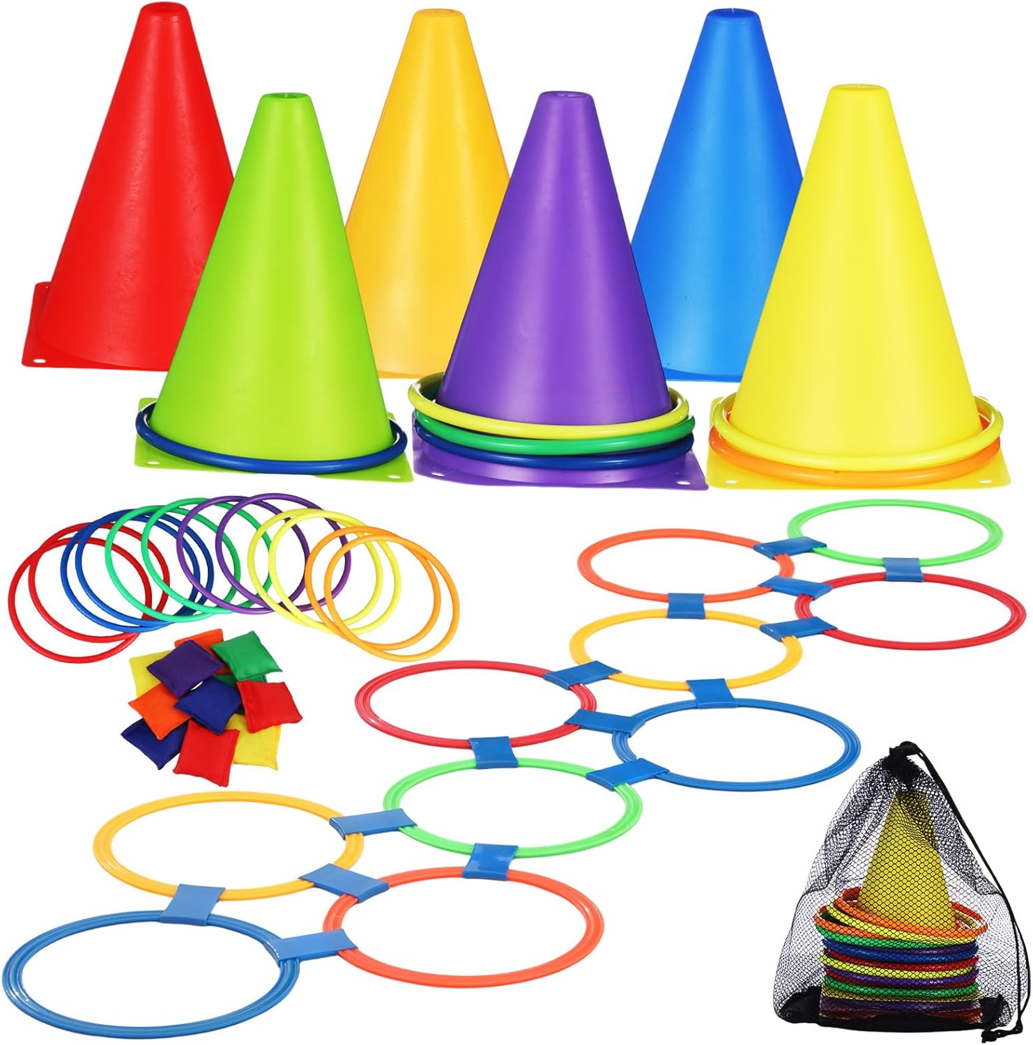 Libima 2 Sets 55 Pcs Carnival Games Set, Hopscotch Ring Game 10 Multi Color Plastic Rings and 15 Connectors for Boys Girls Adults Family Birthday Yard Indoor Outdoor Game Outdoor Lawn