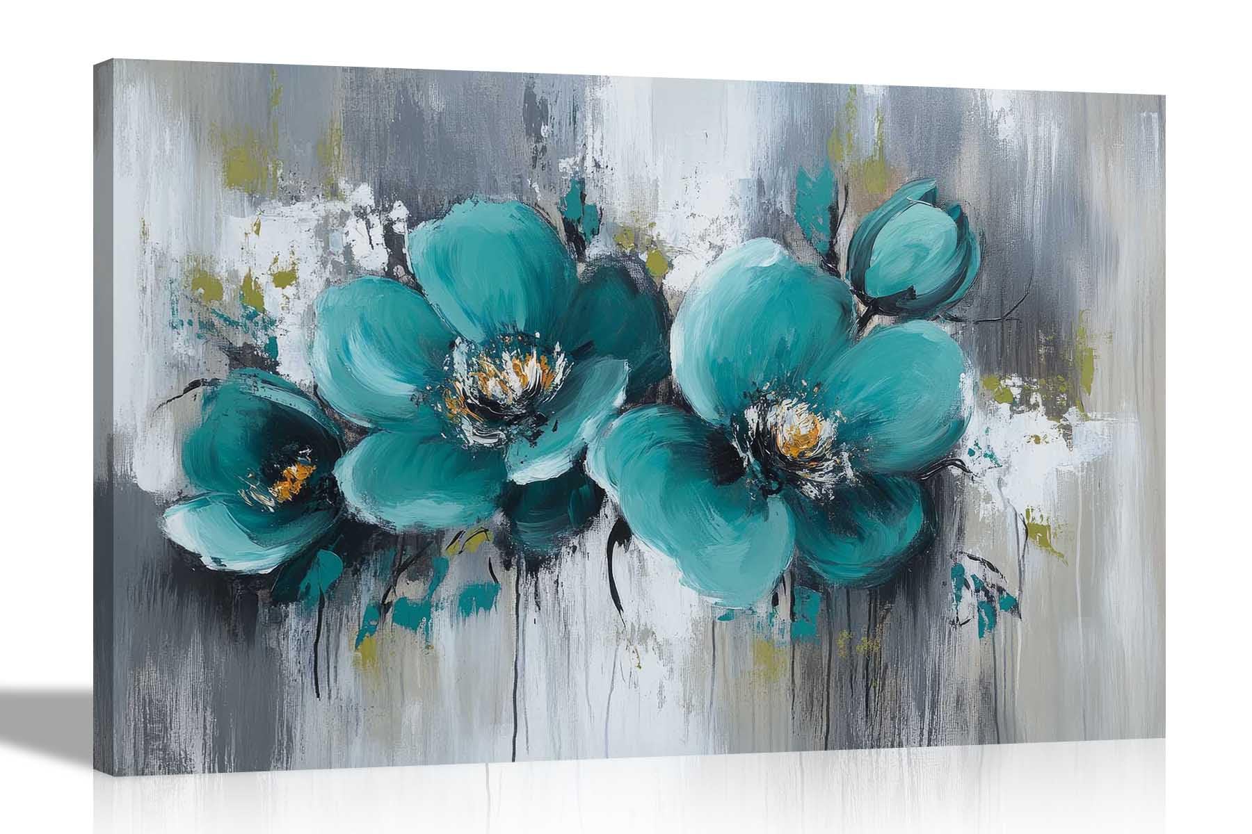 Artley Prints - Abstract Teal Flowers Grey Rustic Canvas Wall Art Prints Living Room Floral Pictures Bedroom Hallway Artwork 76 x 50cm (30 x 20 inches)