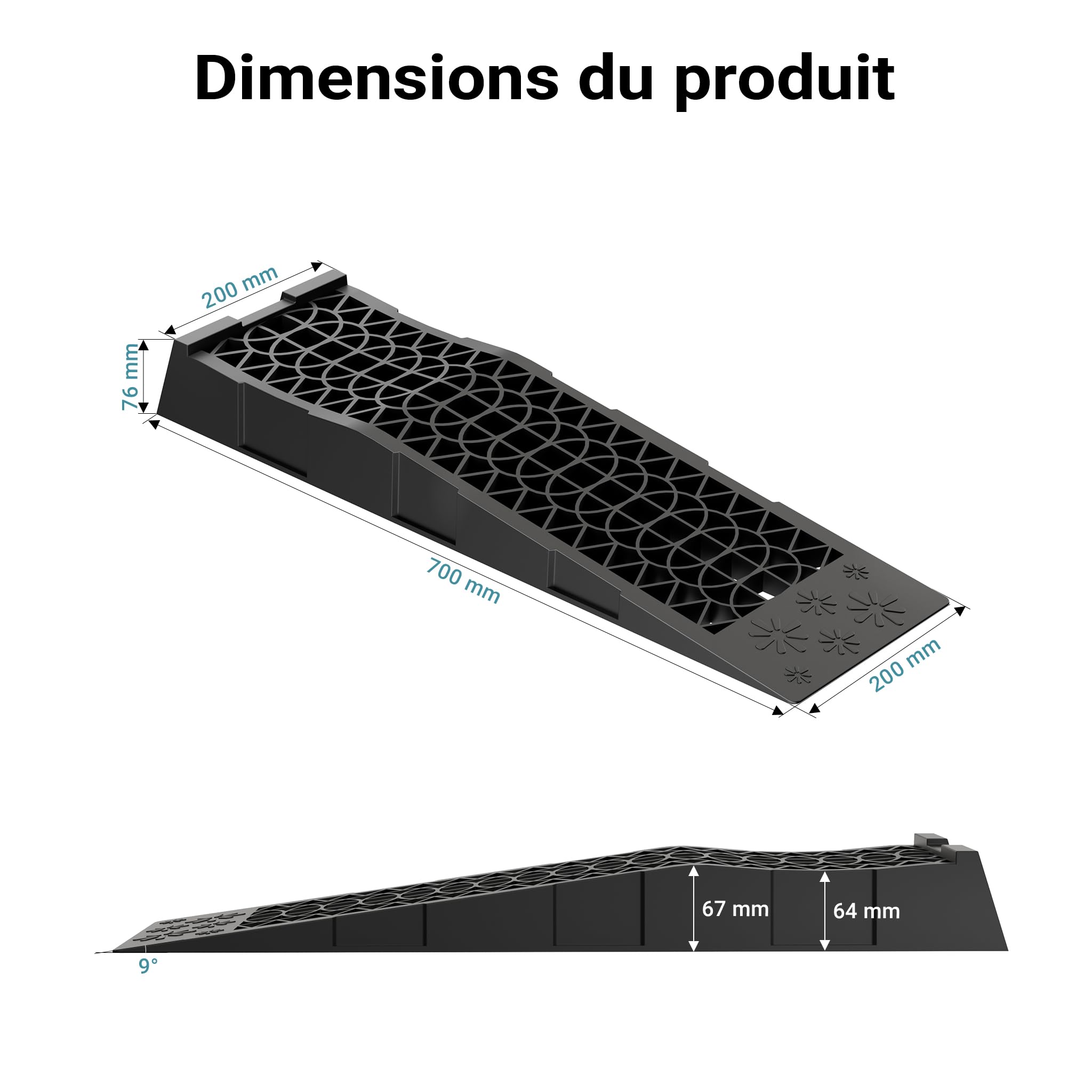 XPOtool Lot de 2 rampes Voiture d’accès Extra Plates – 700 x 200 x 78 mm – en PP Robuste – capacité Max. 3,5 t – Cales de Roue véhicule Chargement accès Caravane Camping Car Remorque