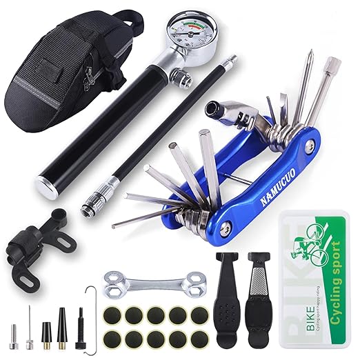 NAMUCUO Bike Tyre Repair Tool Kit - Bicycle Tool kit with 210 Psi Mini Pump 10-in-1 Multi-Tool?with Chain Breaker?, Tyre Levers &Tire Patch, Bone Wrench, 1 Portable Bag. 6 Month Warranty