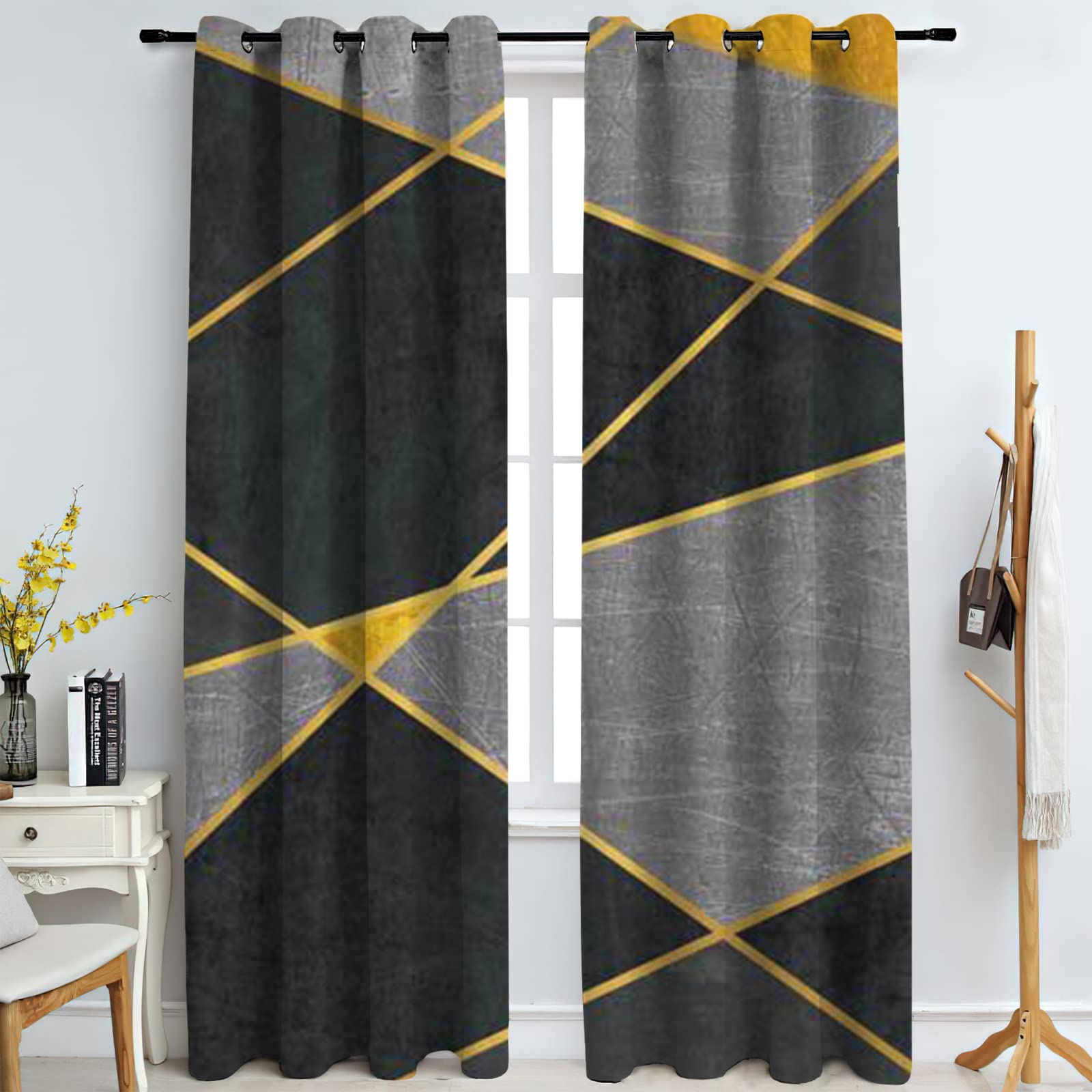 Cortinas Niño Niña Habitacion Opacas Con Ojales 2 Piezas 3D Costuras Geométricas Negrasgrises Y Amarillas Patrón 234X230Cm（An X Al）Cortinas Termicas Aislantes Frio Y Calor Salón Dormitorio Ventana